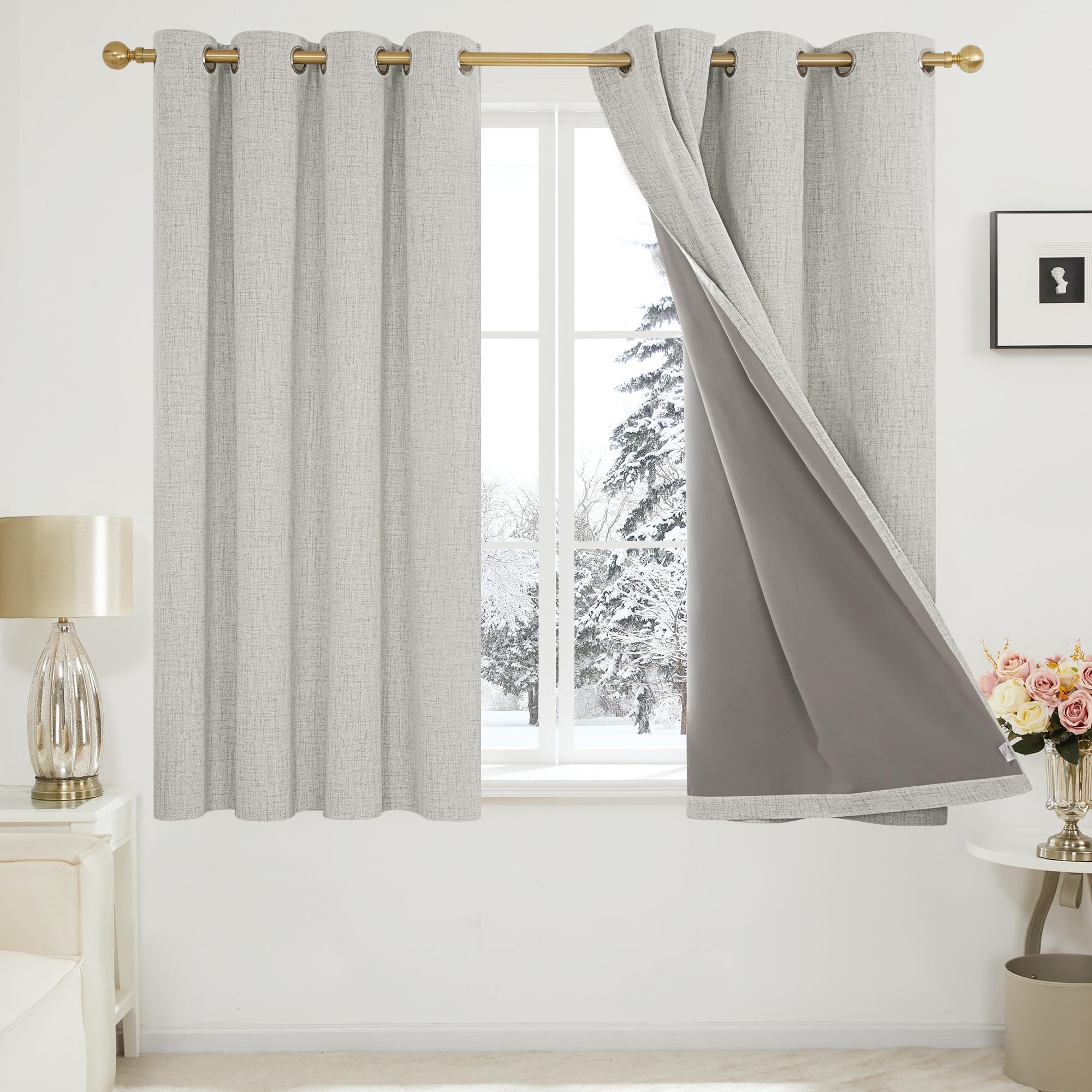 Deconovo Total Blackout Curtains Thermal Insulated Faux Linen Eyelet Curtains for Bedroom Living room with Coating Pale Khaki W66 x L54 One Pair