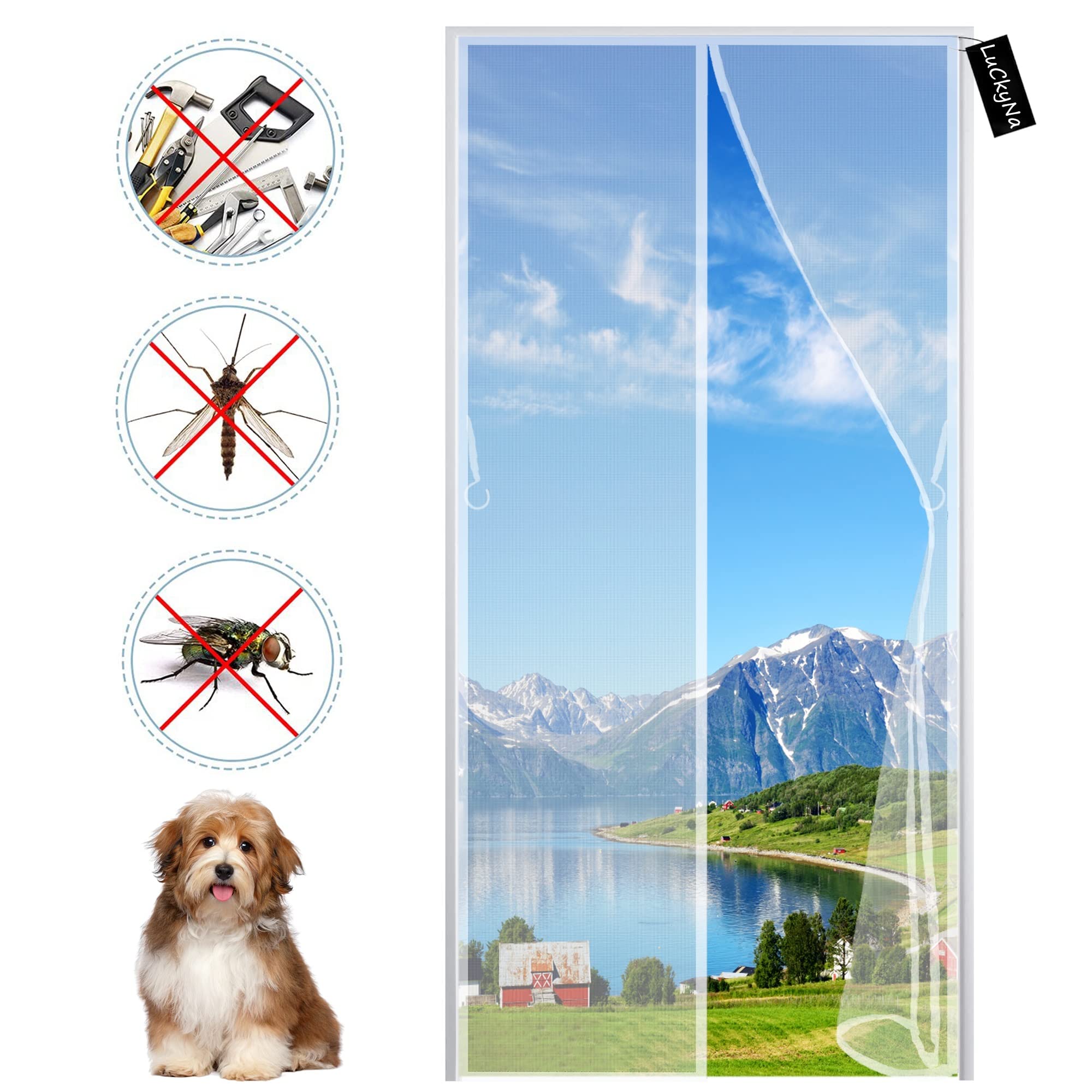 Luckyna White Magnetic Fly Screen Door 170X200cm(67X79inch) Insect Protection Fly Screen Curtain Automatic Closing Magnetic Fly Curtain For Balcony Living Room Patio Door Adhesive Mounting