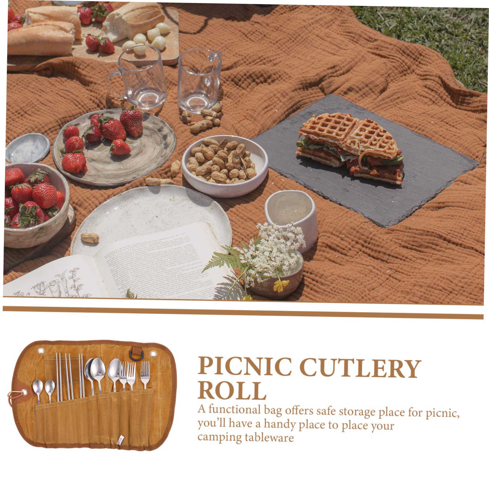 BESTonZON Campingbesteck Satz mit Tasche aus Canvas und Edelstahl Besteckset fürs Picknick mit Integriertem Fach zur Ordnung und Kratzschutz für Outdoor und Indoor
