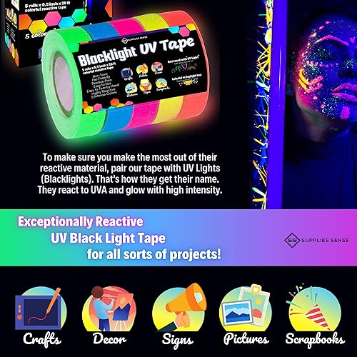 Miniatura 4 de Cinta de luz negra UV (0.5 pulgadas x 20 pies (5 rollos)  Brilla más brillante y dura más tiempo  No tóxica, apta para mascotas, sin residuos,
