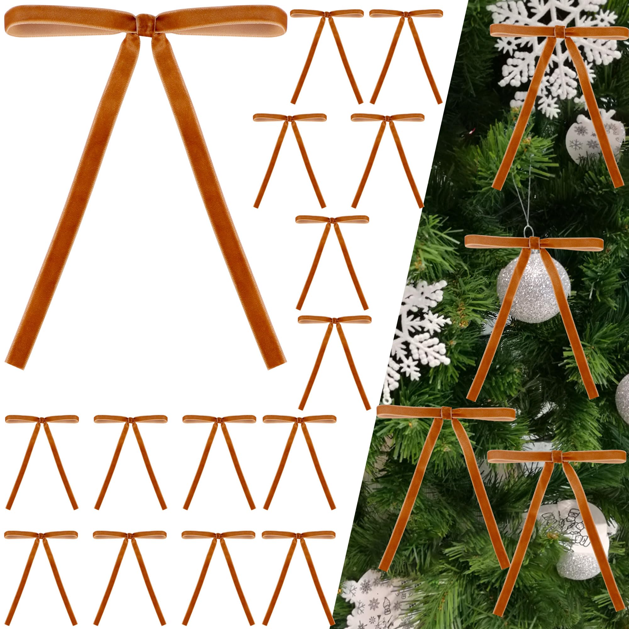 Manjonzic Camel 24Pcs Velvet Ribbon Bows For Christmas Tree - Vintage Decor, Door Garland, Wreath Decorations, Home & Wedding Decoration - Clear Twist Tie, 5X7 Inch, 3/8'' Width