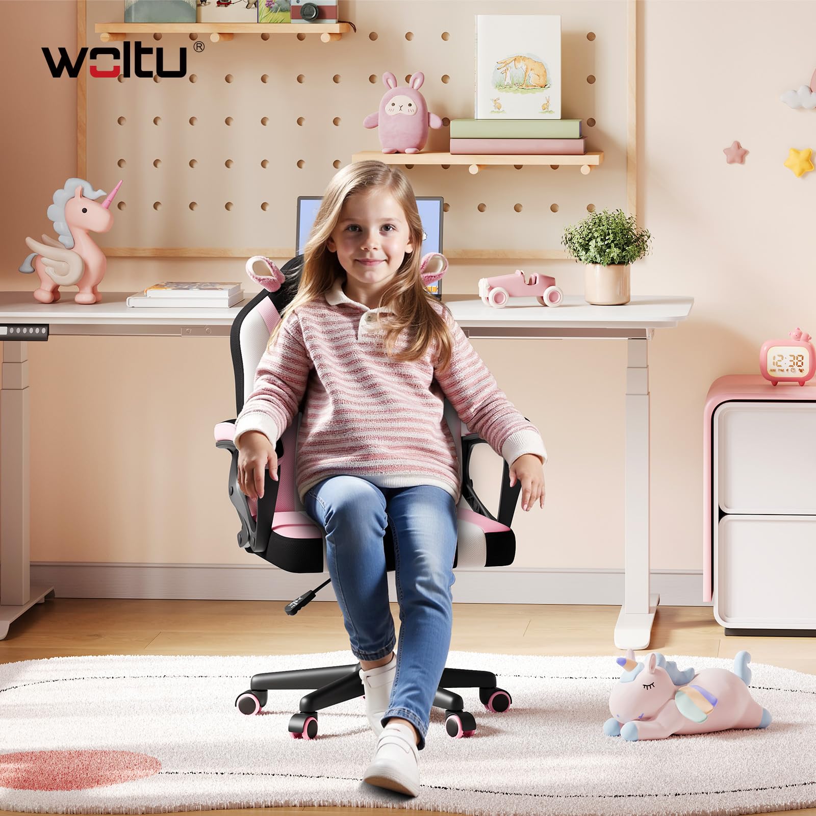 WOLTU Krzesło gamingowe dla dzieci, ergonomiczne krzesło biurowe dla dzieci z oparciem i podłokietnikami, do pokoju dziecięcego, z uniwersalnymi kółkami i obciążonymi kółkami, siatka, różowe