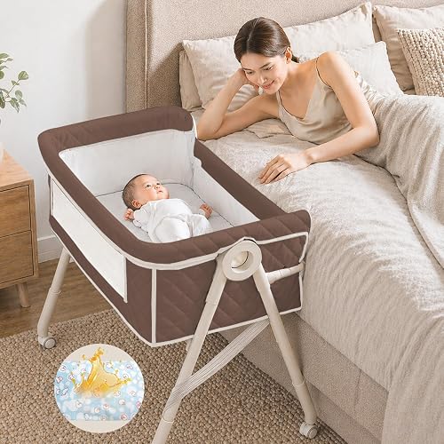 Baby Bassinet, Bassinet Bedside Sleeper for Baby, 3 in 1 Bedside Bassinet, Bassinets for Newborn with Wheels, Mattress, Waterproof Sheet, Mosquito Net, Breathable Mesh, Portable Baby Crib(Coffee)