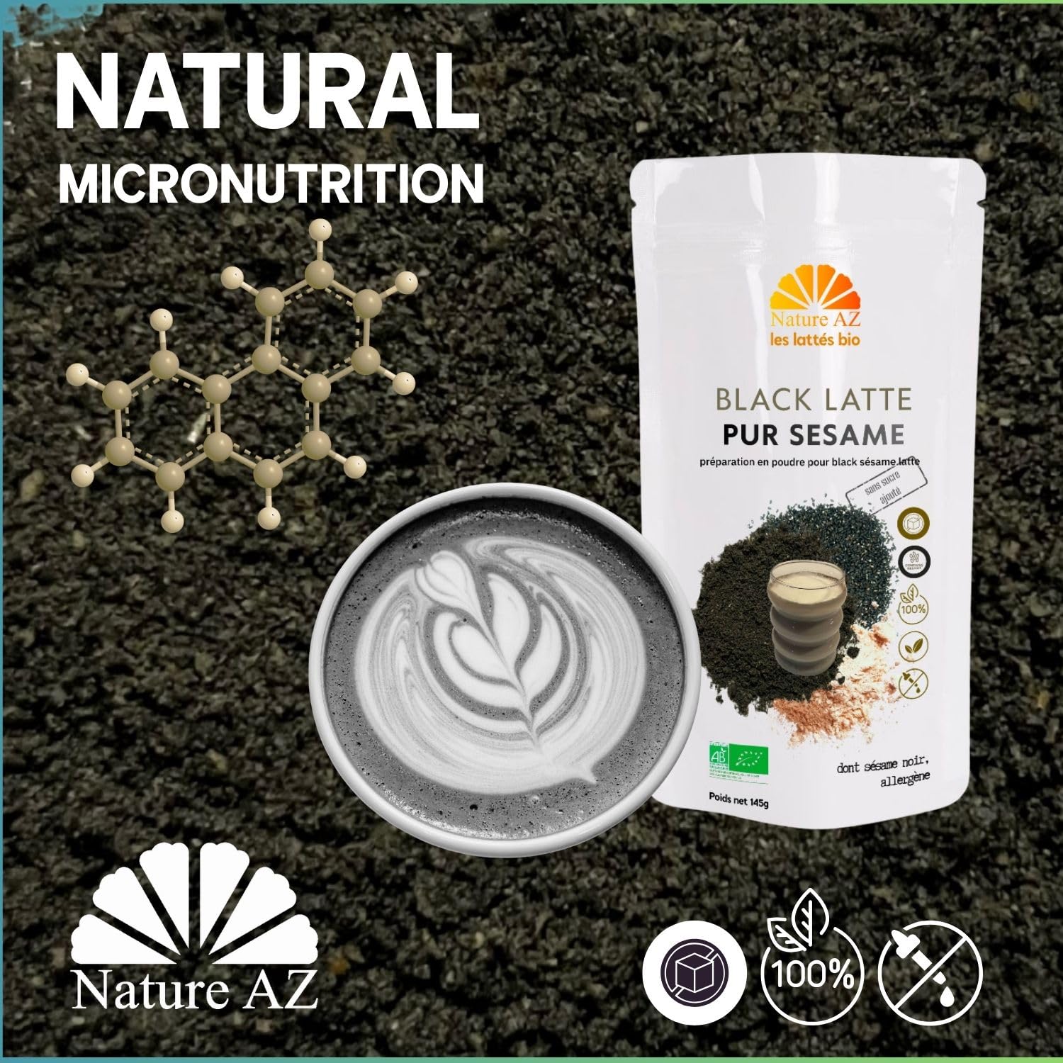 Nature AZ Black Latte Bio Sésame Noir Sans Charbon Actif 145g