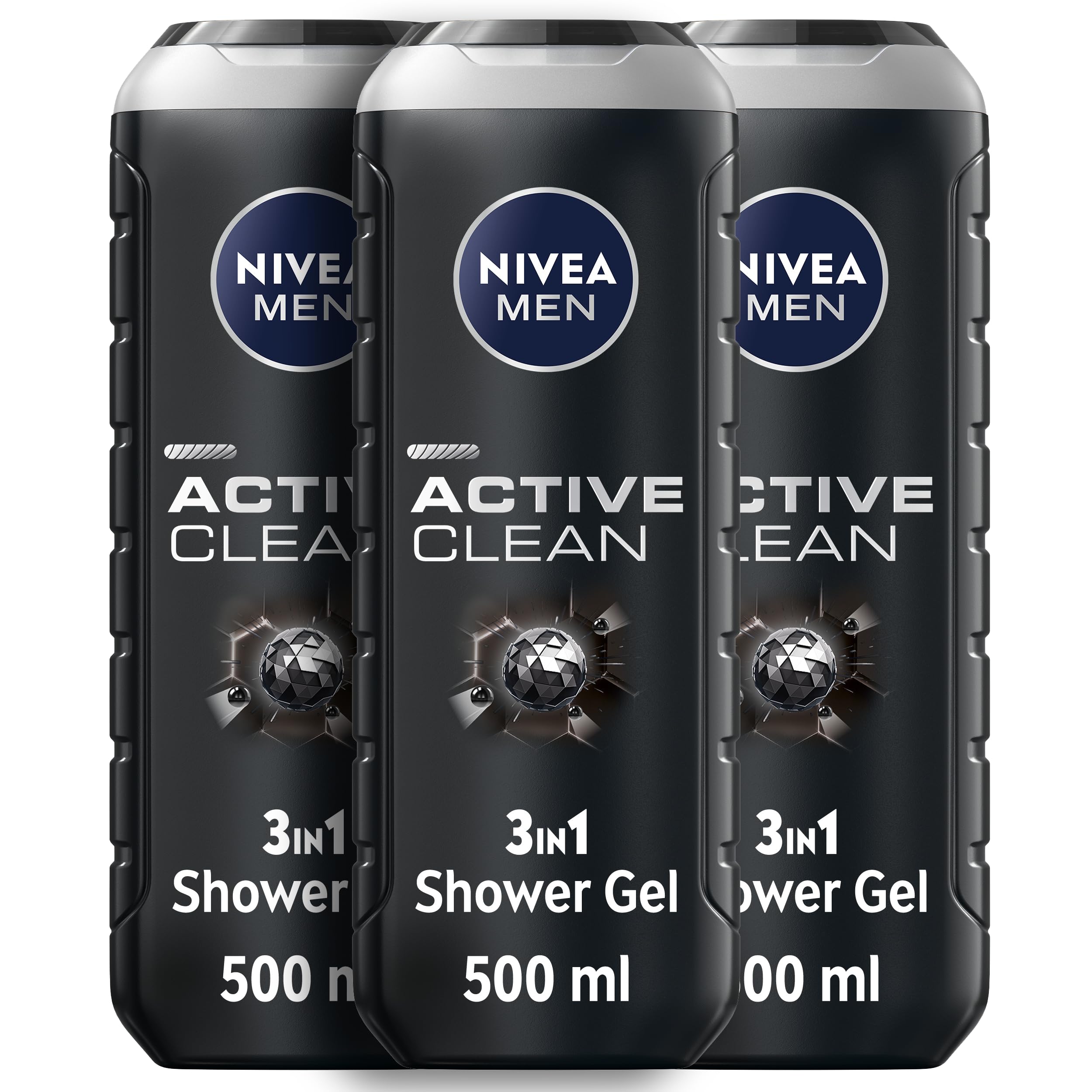 NIVEA MEN Active Clean 3in1 Shower Gel, Cleans Body, Face and Hair, with Active Charcoal, for Purified and Stimulating Skin, for All Skin Types, 3x500ml