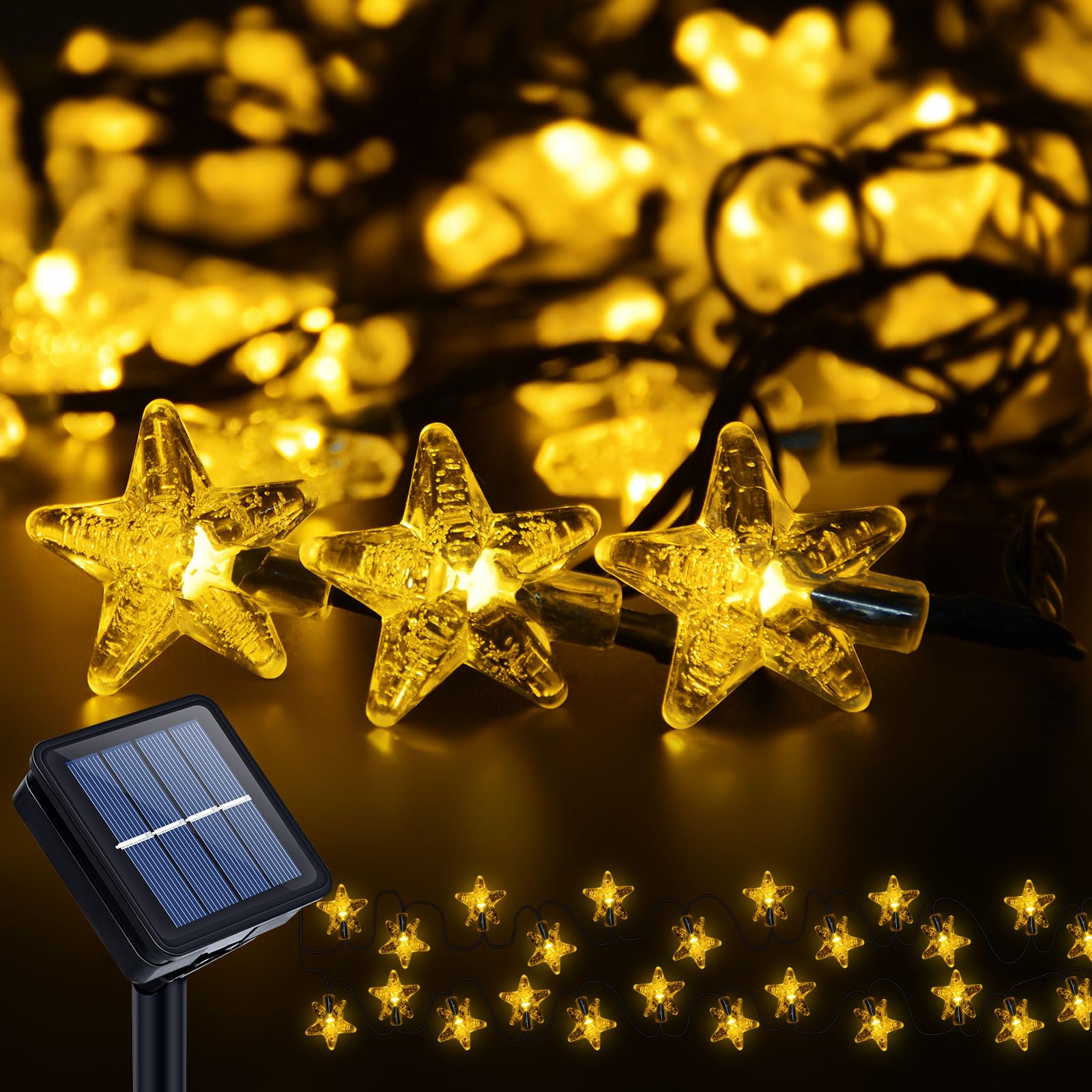 Qoosea Solar Cadena de Luces Estrella Exterior, 19.7ft 40 LED Solares Luces de Hadas Impermeable 8 Modos, Estrellas Guirnalda Luces para Navidad, Boda, Fiesta, Jardín, Patio Decorativas, Blanco Cálido