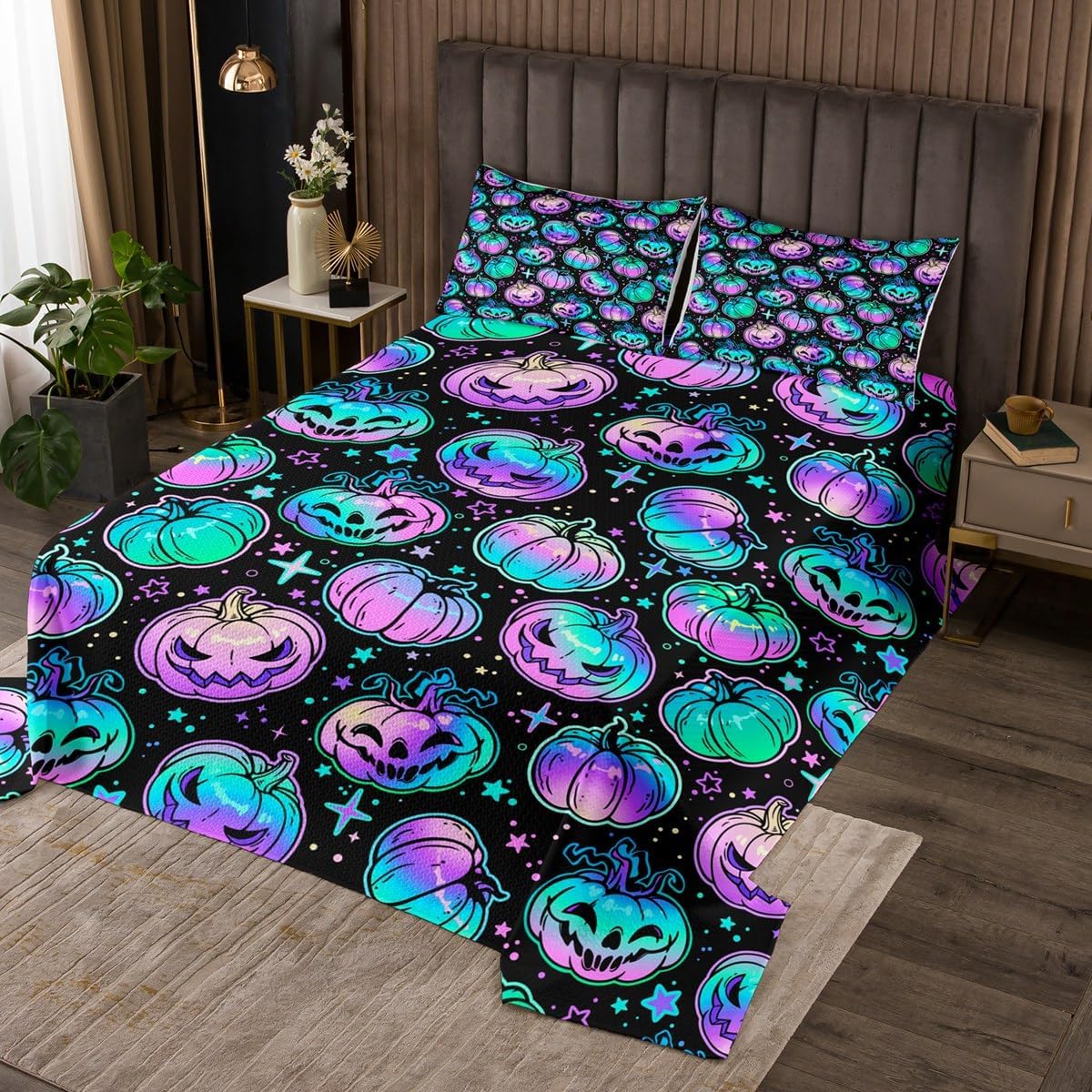 Erosebridal Halloween Truck Quilt Set King Bats Halloween Decoration Pumpkin Lantern Bedspread Set,Black Cat Gothic Spider Web Coverlet Set Witch Hat Ghost Castle Skeleton Halloween Decor,Orange