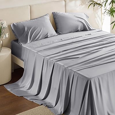 Bedsure Queen Sheet Set, Rayon Derived from Bamboo, Cooling Sheets, Breathable & Soft, Deep Pocket Up to 16", Hotel Luxury Silky Bedding for Hot Sleepers, Light Beige
