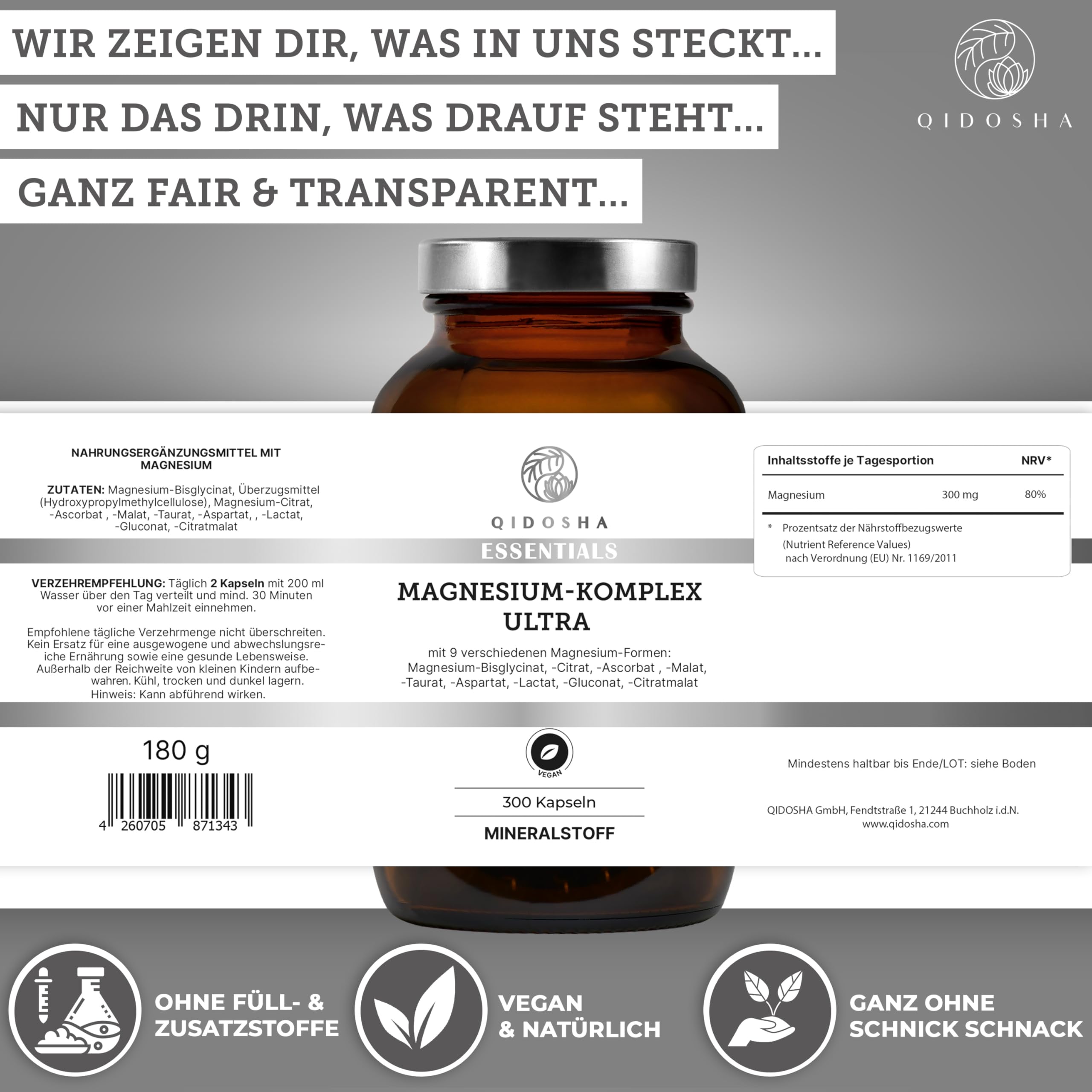 QIDOSHA® Magnesium Komplex hochdosiert, 300 Kapseln im Apothekerglas, 9 Mg-Formen mit sich ergänzenden Wirkschwerpunkten als Mg-Vollspektrum, 300mg elementares Magnesium/Tagesportion
