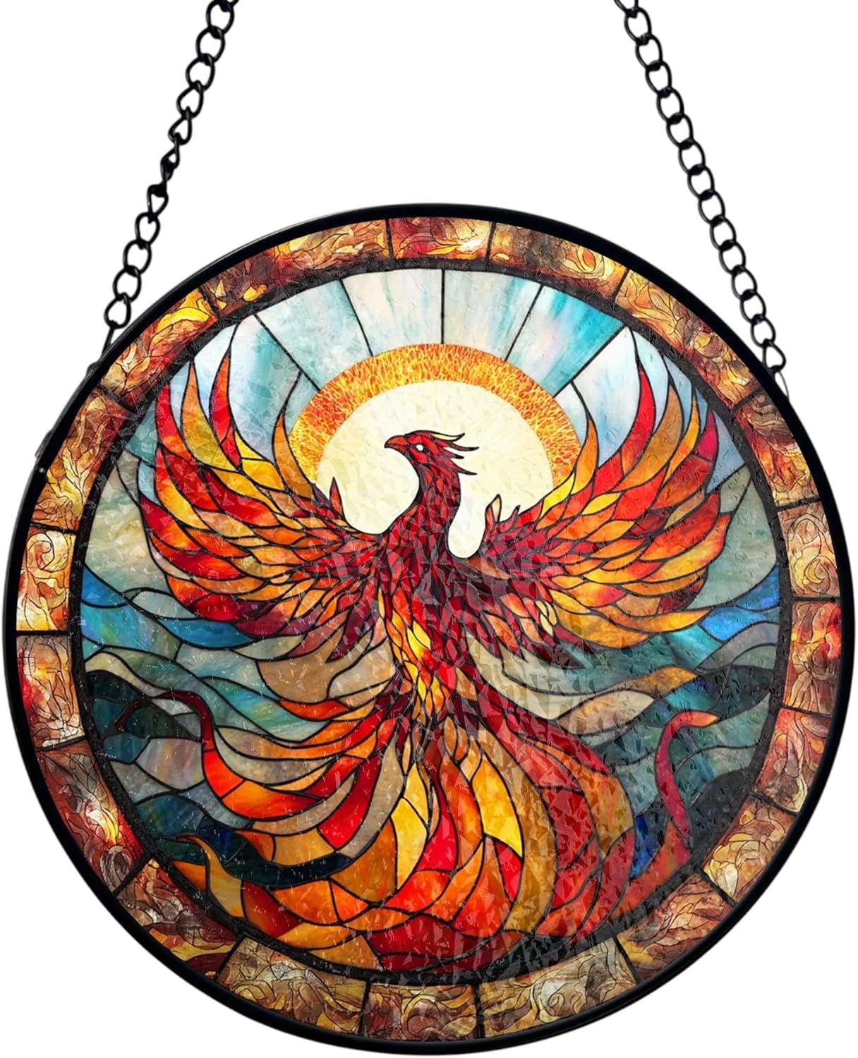Phoenix Stained Glass Suncatcher | Rising Firebird Mythical Window Art, Symbol of Rebirth, Fantasy Gift for Him or Her (7.8)