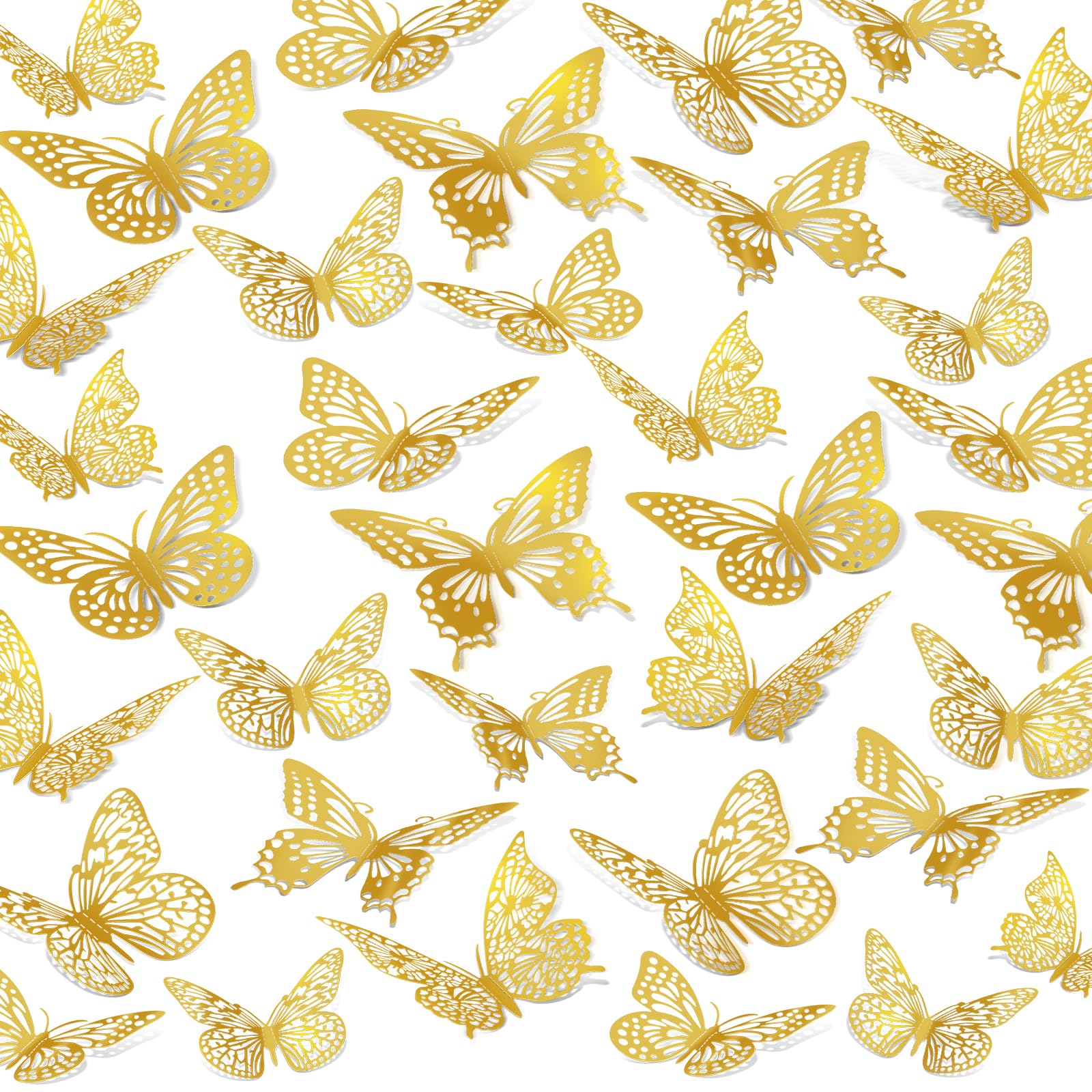 48 Piezas Decoración de Pared 3D con Mariposas, Pegatinas para Fiestas Temáticas en Dorado, Adornos de Pared con Mariposas,Pegatinas Removibles para Cumpleaños,Fiestas y Decoración - Oro Color 48Pieze
