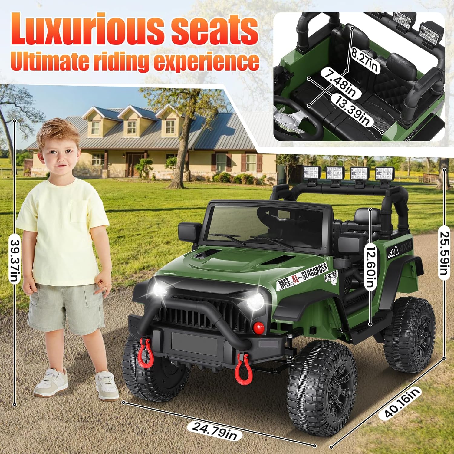 Hikole 24V Ride on Toys for Big Kids with Remote Control, 4X4 400W Battery Powered Truck with Bluetooth, Music, LED Lights, Shock Springs, Safety Belt, Power Wheels 24 Volt for Boys Girls 3-5, Green