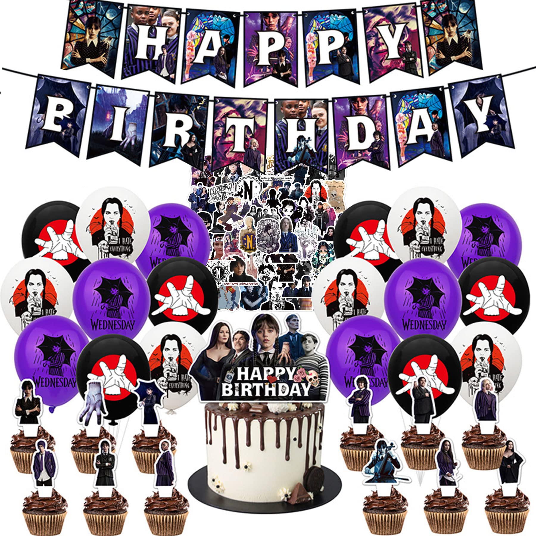 Wedesday-Adams Birthday Party Decorations,84PCS Wedesday-Adams Birthday Merchandise TV Movie Theme Party Supplies Included Stickers Cake Topper Banner Balloons Cupcake Toppers (PARTY+STICKERS)