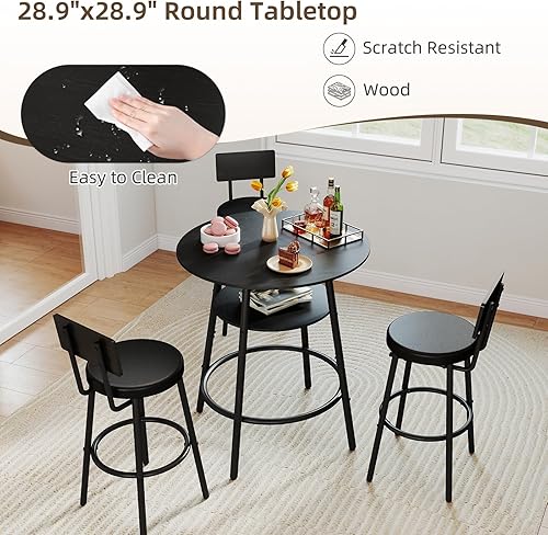 Miniatura 6 de Juego de mesa redonda de bar de 4 piezas de 28.9 pulgadas, juego de 3 taburetes de bar, mesa de bar de cocina negra, mesa de desayuno con Negro