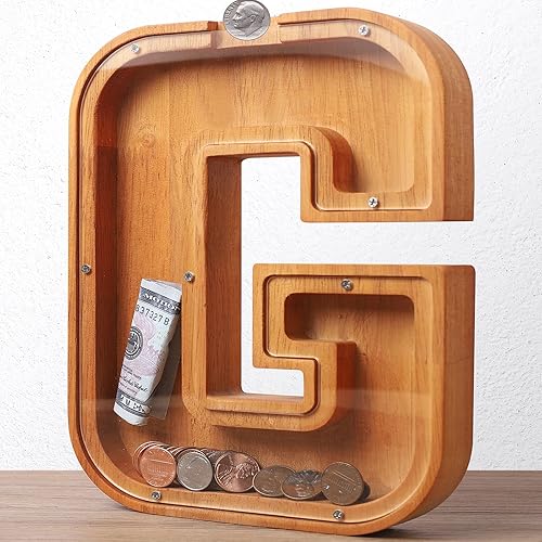 Alcancía de madera con letras de madera para niños y niñas, banco de dinero grande de 26 alfabetos, con nombre personalizado y transparente, ahorro
