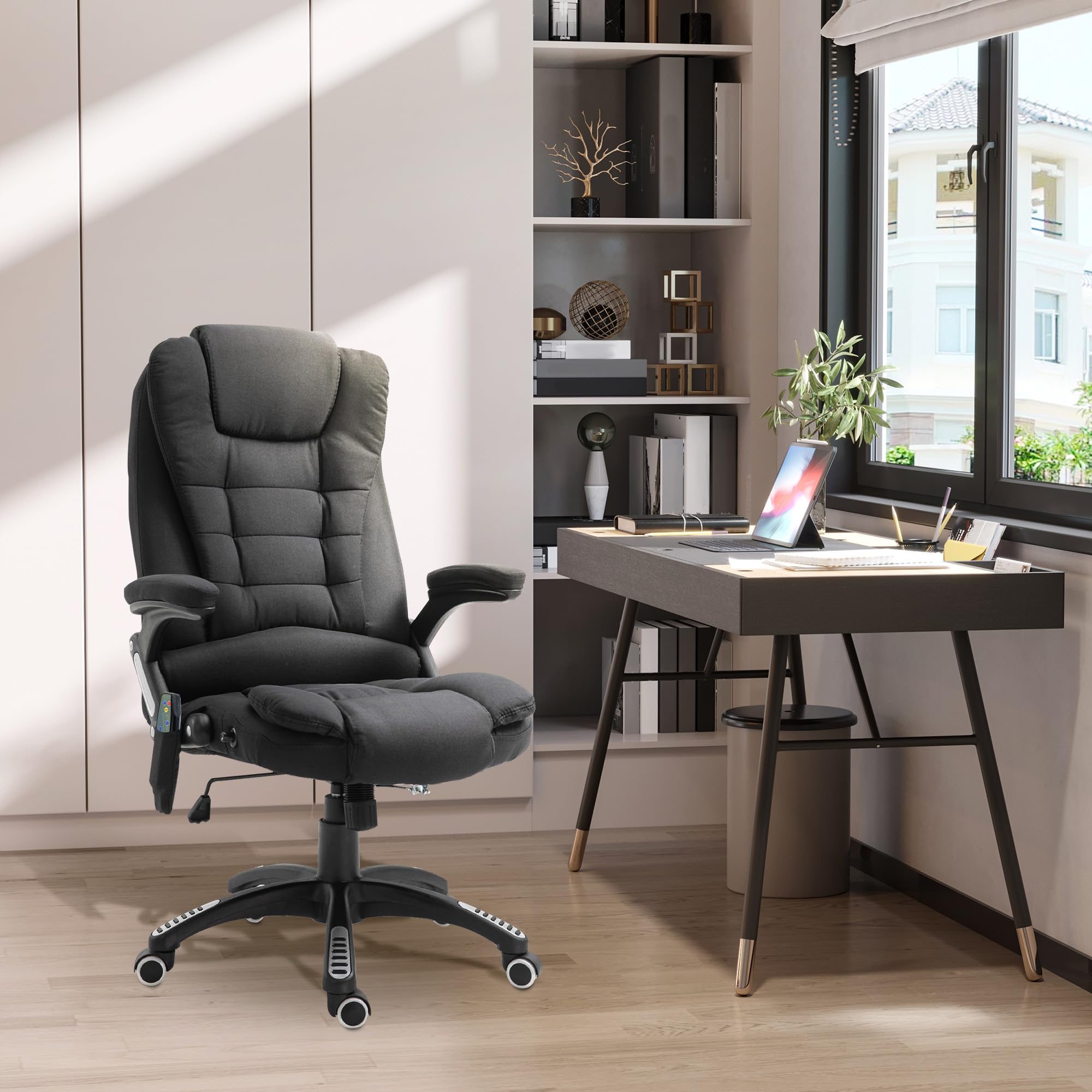 Vinsetto Fauteuil de Bureau massant et Chauffant, Chaise de Bureau, Chaise Ergonomique avec Hauteur réglable, Dossier inclinable et télécommande Filaire, pivotant à 360° Tissu en Polyester Noir