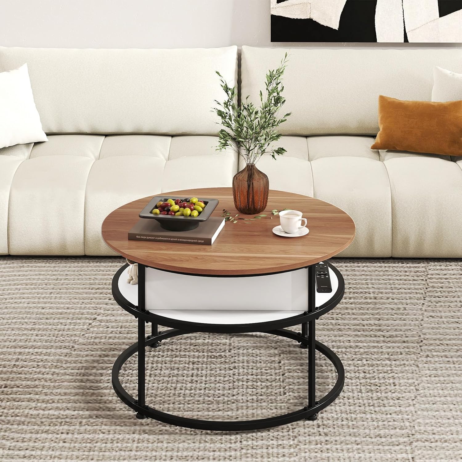Tangkula Lift Top Coffee Table, 31.5” Round Center Table with Hidden Compartment & Side Shelves, 2-Tier Small Accent Cocktail Table for Small Spaces, Living Room, Apartment (Brown & White)