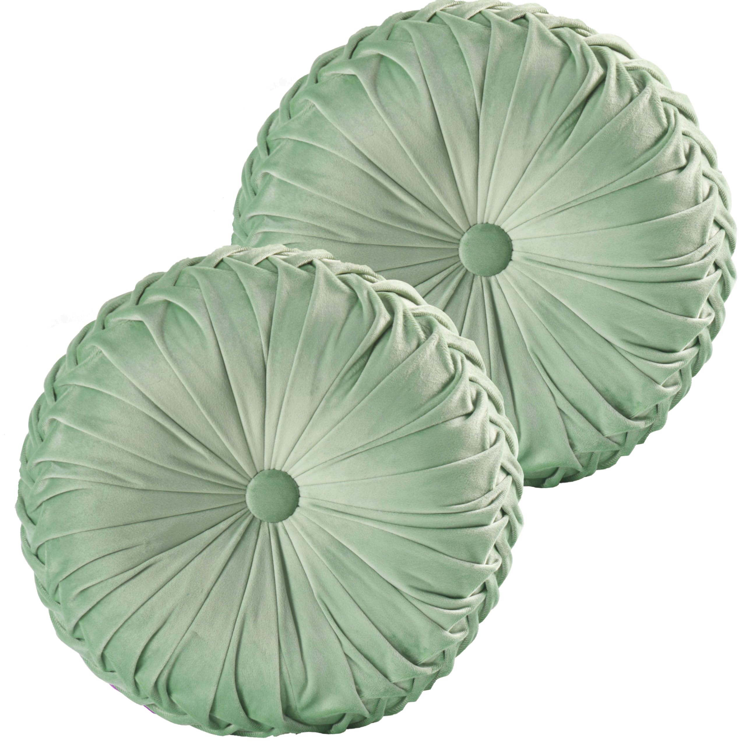 HIGSet of 2 Decorative Round Pleated Throw Pillows, Classy Accent Pumpkin Throw Pillows with Center Button, Vintage Velvet Floor Pillows for Sofa Vanity Chair Bed, Sage, 14.5" Diameter(Ripple)OEKO-TEX STANDARD 100