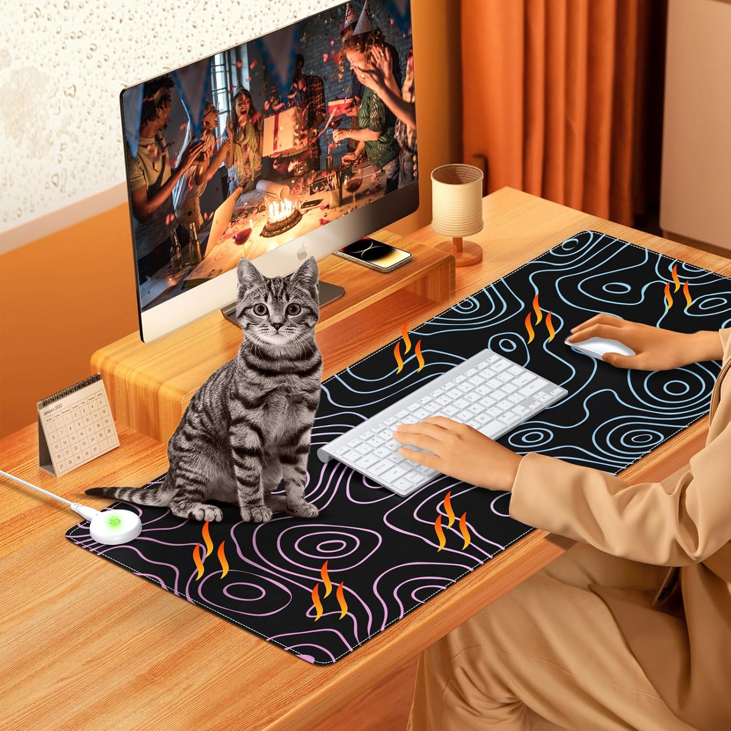 iLeadon Heated Mouse Pad, Heated Desk Mat, Electric Warm Desk Pad with 4 Heating Levels & 4 Auto Shut-Off Levels, 35.4" x 15.7" Large Safe Desk Mat Hand Warmer for Home Office Work, Black Topographic