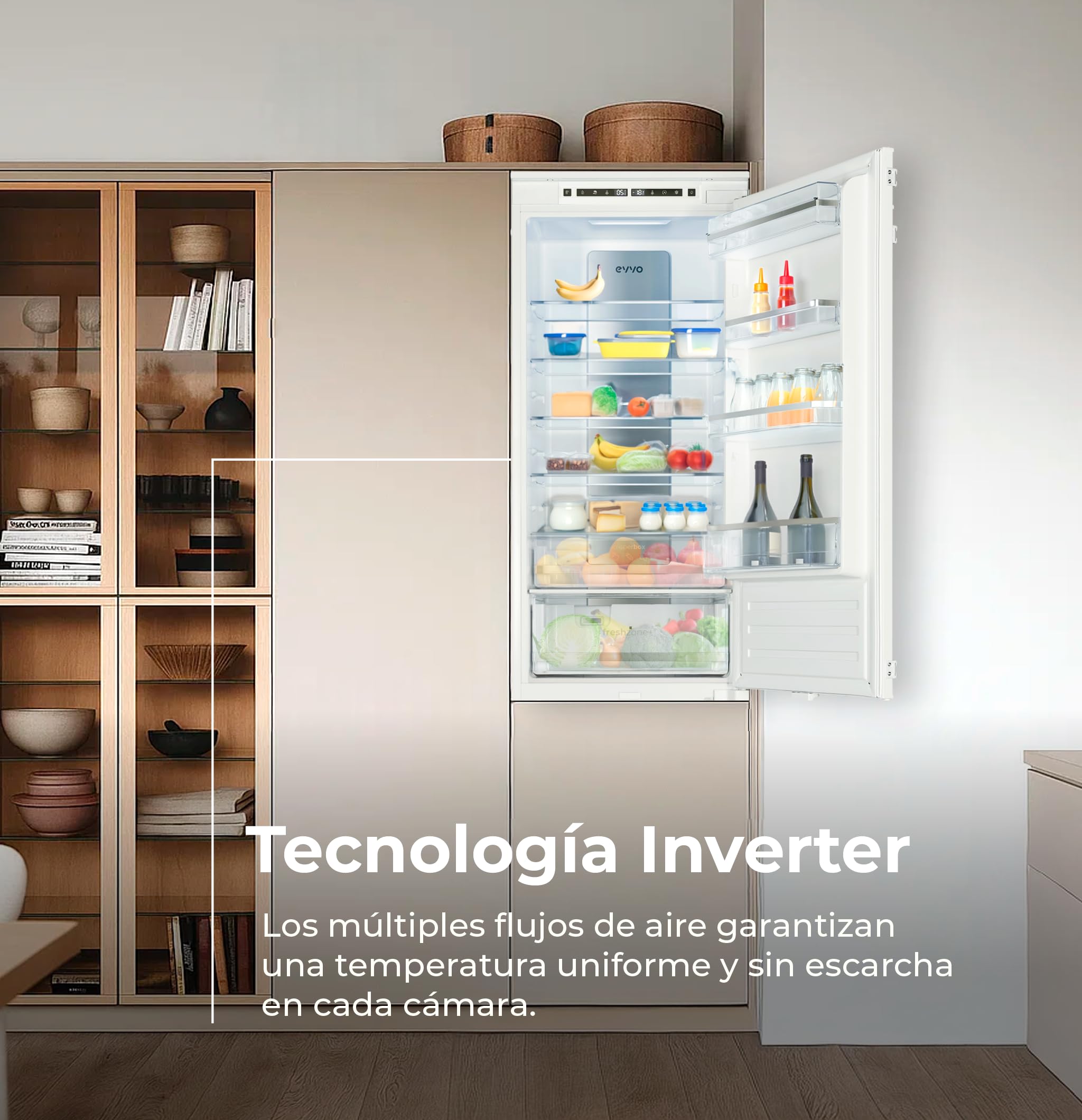 EVVO Frigorífico Combi Integrable Fi65, 180L Frigorífico + 64L Congelador, 194 cm, Total No Frost, Tecnología Inverter, Multi Air Flow, Cajón Chiller Zone, Función ECO y Vacaciones, Silencioso