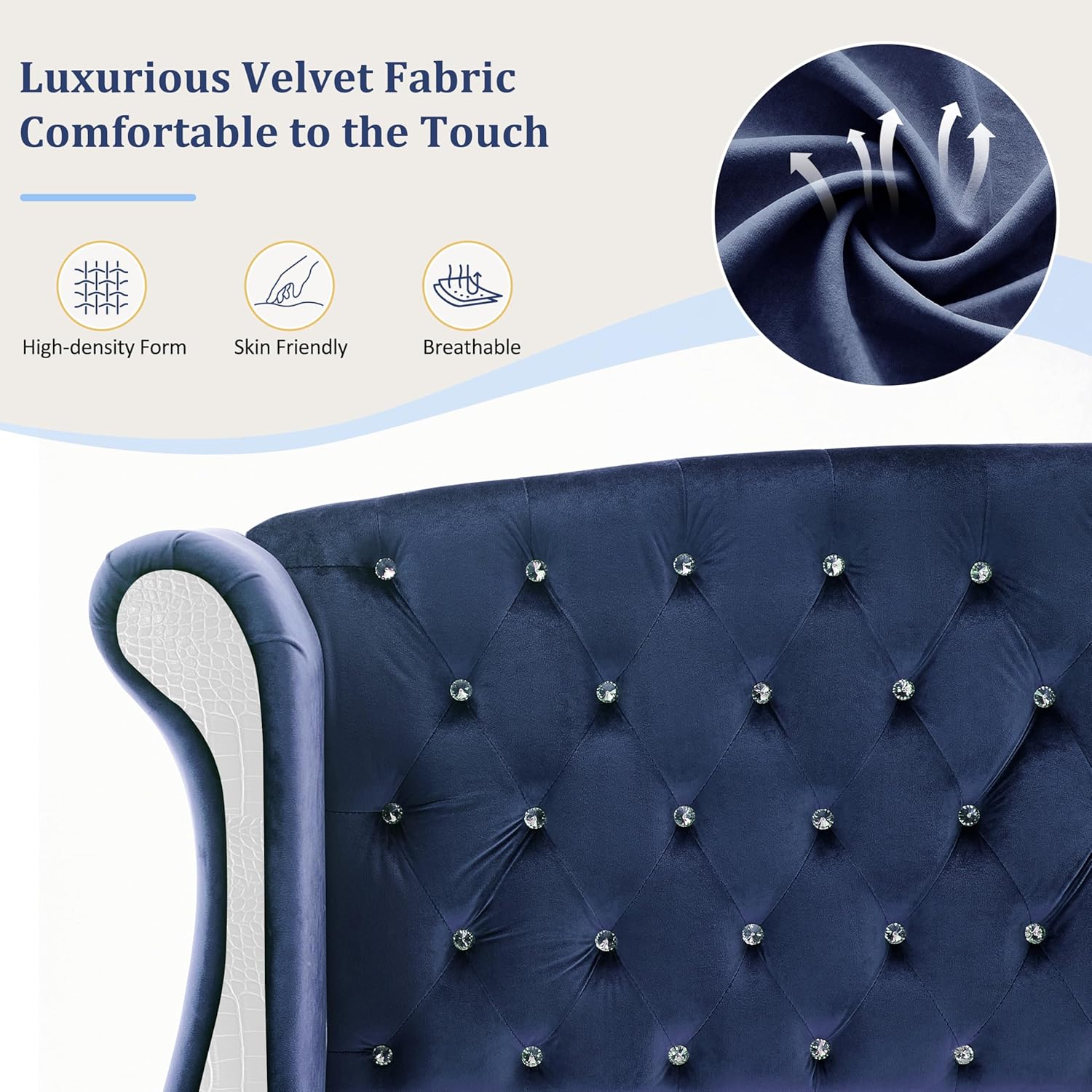 GDFStudio King Size Velvet Upholstered Platform Bed Frame with Curved Wingback Headboard,Faux Leather Tufted & Nailhead Trim,No Box Spring Needed,Easy Assembly,Modern Style,Blue