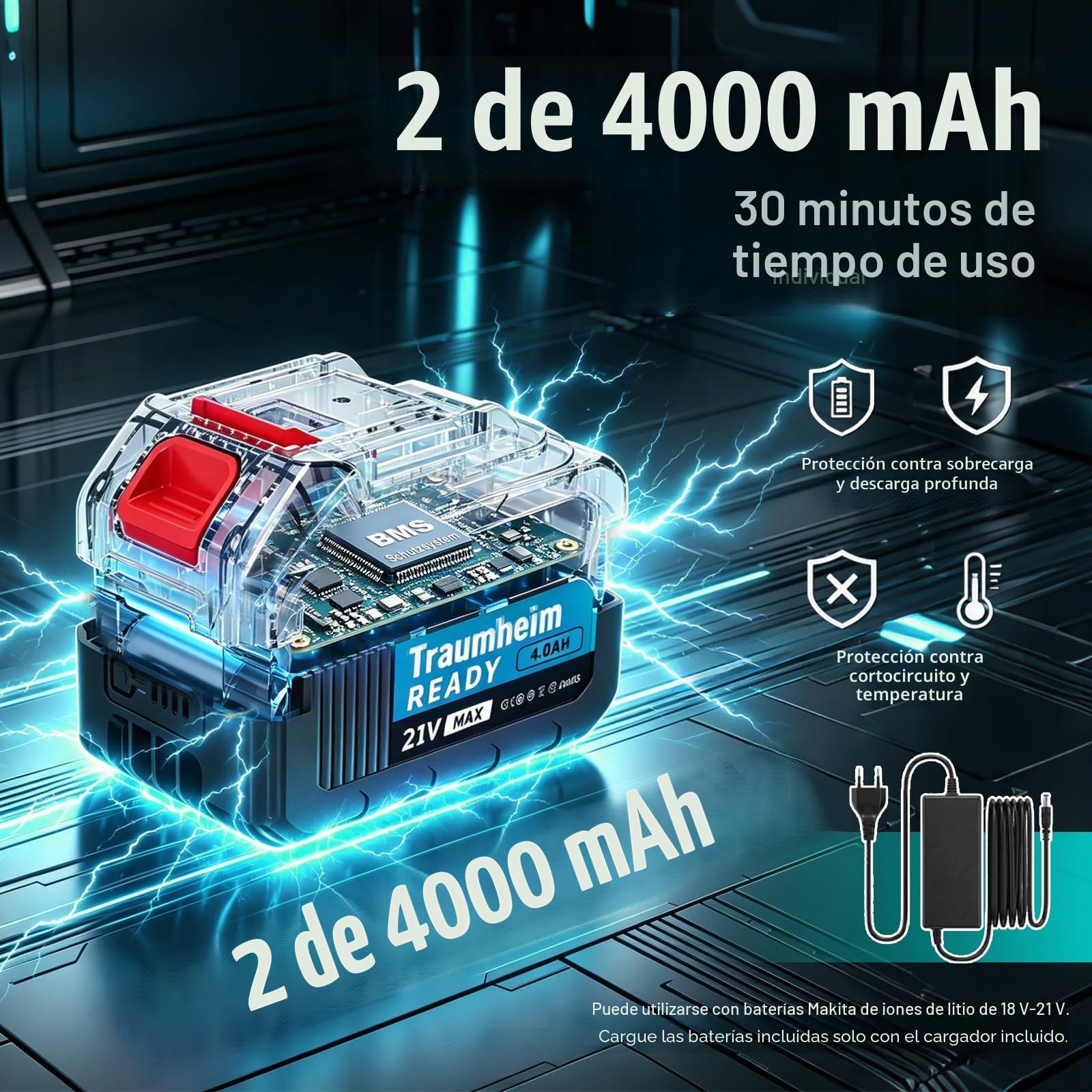 Desbrozadora con batería con 2 baterías de 4,0 Ah, batería eléctrica 4 en 1, desbrozadora y cortacésped, Motor sin escobillas de 950W de batería para Cortar césped y jardín