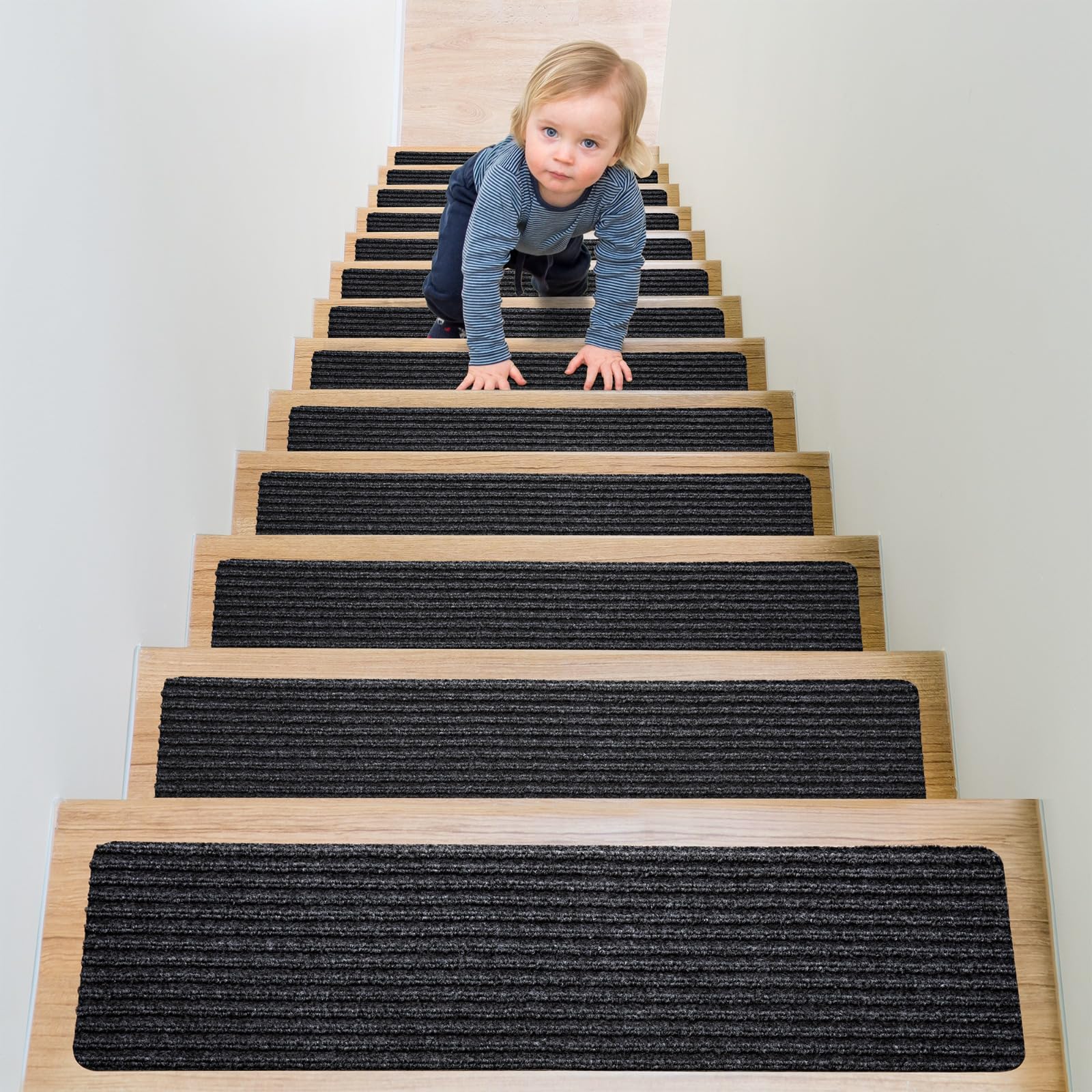 8" X 30"(15 in Pack) Non-Slip Carpet Stair Treads for Wooden Steps Indoor, Reusable Carpet for Stairs, Self-Adhesive Stair Runner, Safety Stair Rugs for Kids Elders, and Pets, Grey