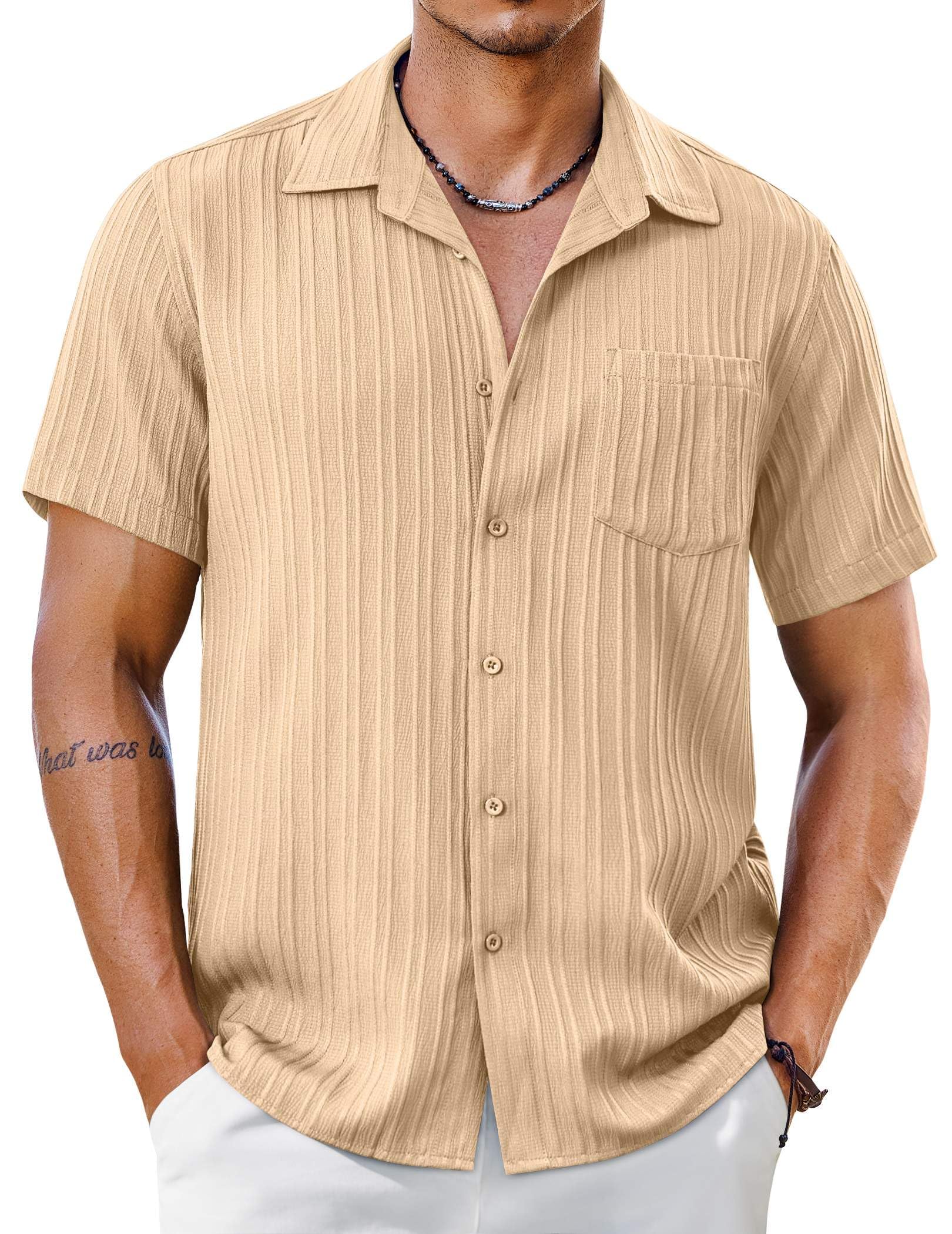 COOFANDY Men's Short Sleeve Casual Button Down Shirts Textured Summer Beach Shirt with Pocket