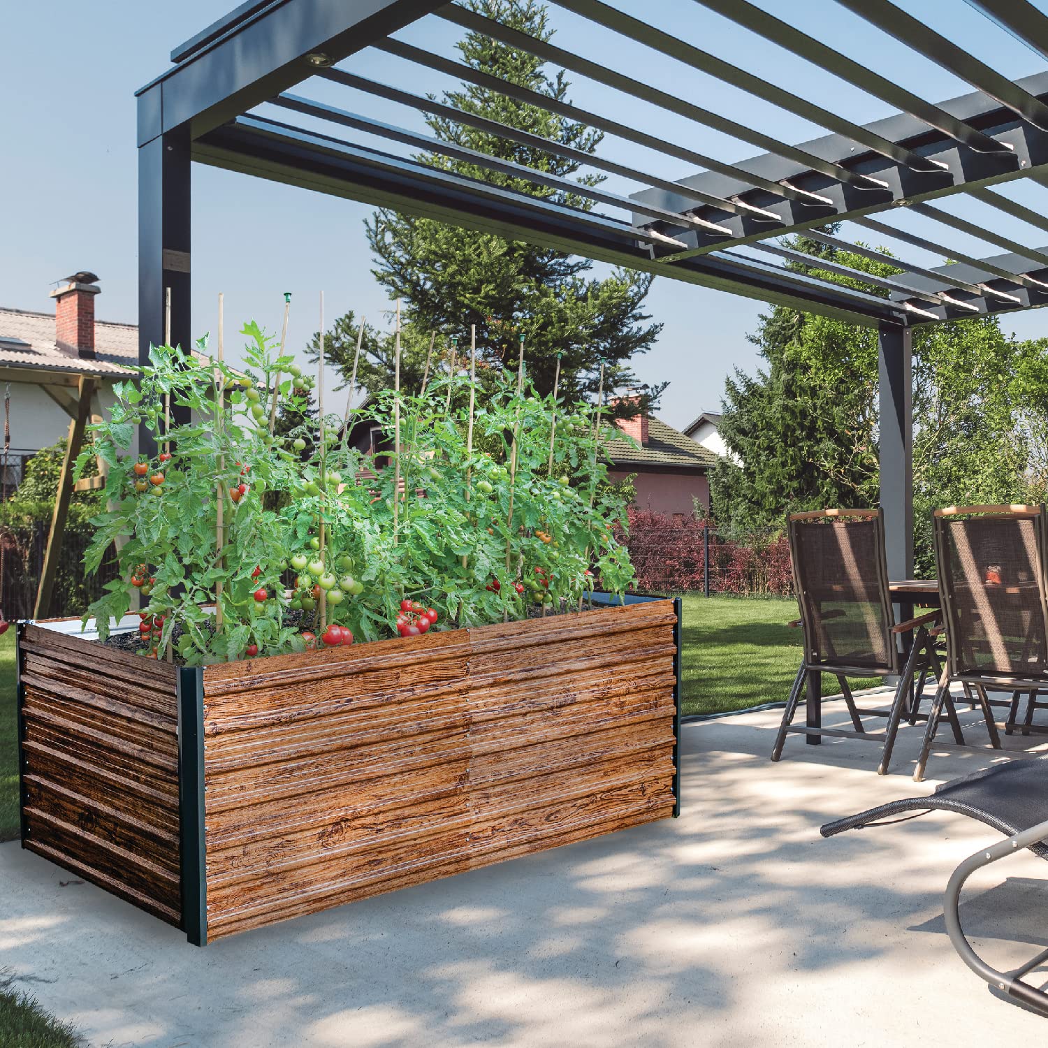 STREND PRO Hochbeet Metall 200x100x77 cm (LxBxH) Holz Imitation | Pflanzkasten Holz Effekt | Blumenkasten Holz Effekt | Garten Pflanzkasten Hoch | Gemüsebeet | Gartenbeet | Hochbeet Balkon Pflanzbeet