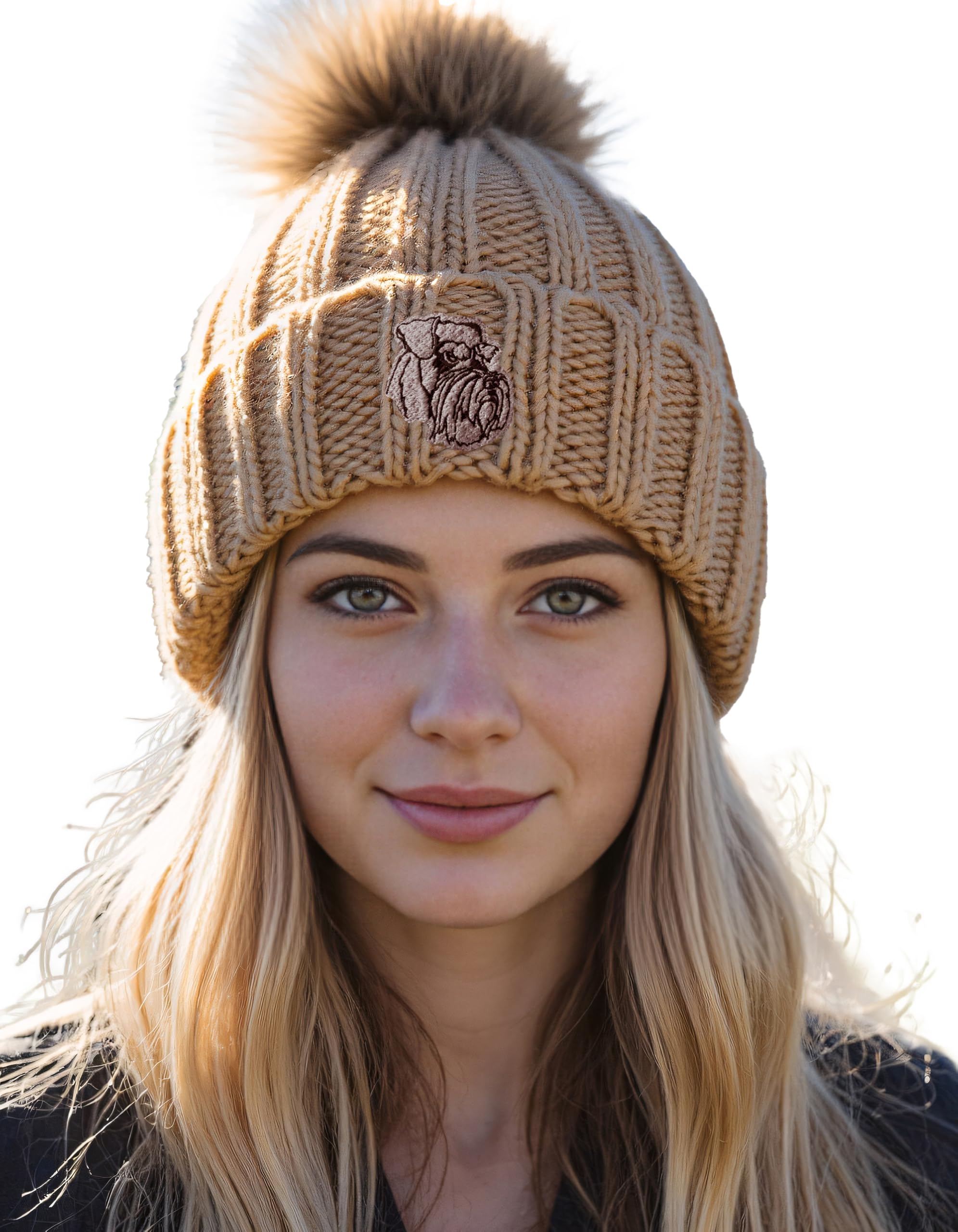 The House Of Dog: Schnauzer Owner Gift. Faux Fur Pom Pom Chunky Knit Super Soft Unisex Embroidered Beanie Brown