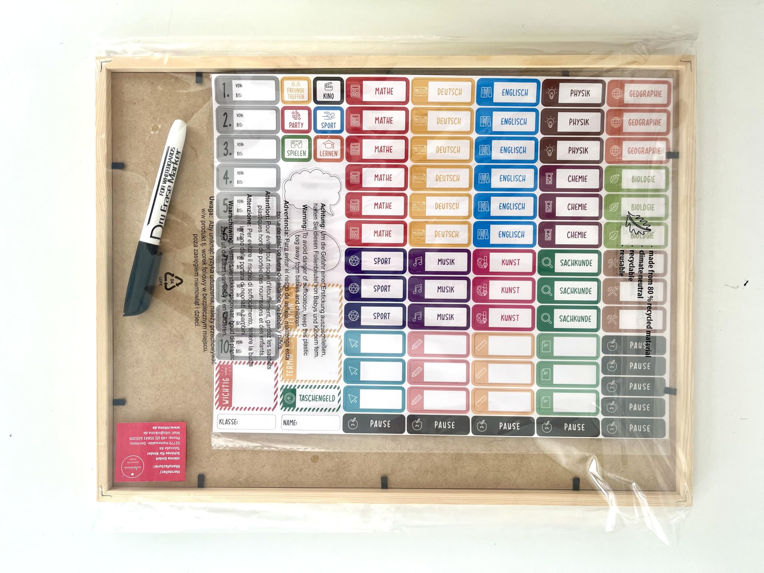 Magnetischer Stundenplan grün 90 Magneten Stift abwischbar Wochenplaner Schule 40 x 30 cm