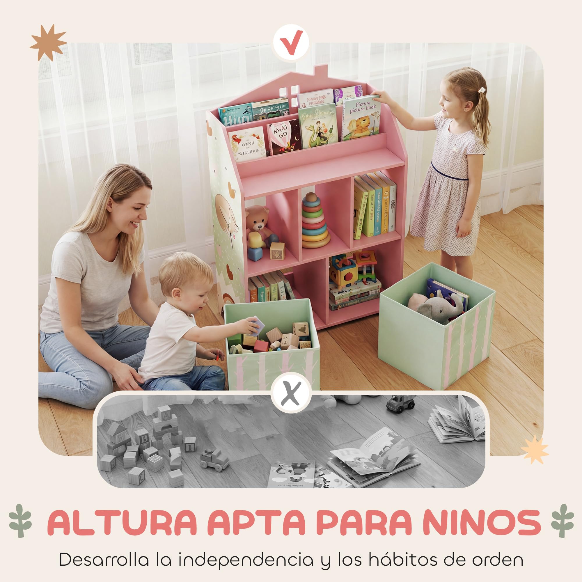 AIYAPLAY Estantería Infantil para Juguetes con Cajones de Tela, Estantes Abiertos, Diseño de Zorros, Organizador de Juguetes para Dormitorio, Sala de Juegos, Guardería, Rosa
