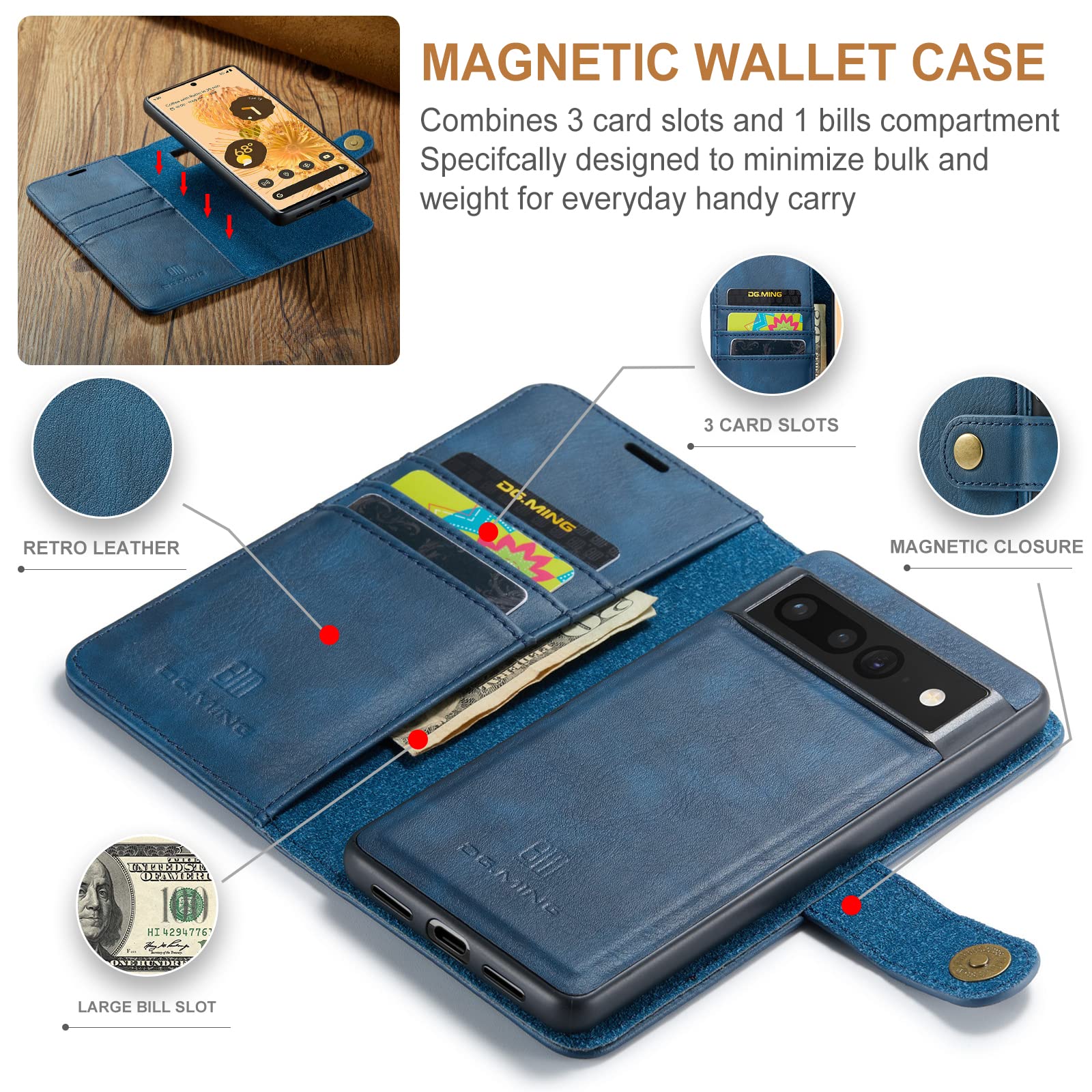 Custodia Con Slot Carte Magnetica Custodia A Portafoglio Per Google Pixel 7 Pro, 2 In 1 Staccabile In Pelle Per Google Pixel 7 Pro, Custodia Protettiva A Portafoglio Magnetica Con Supporto Porta
