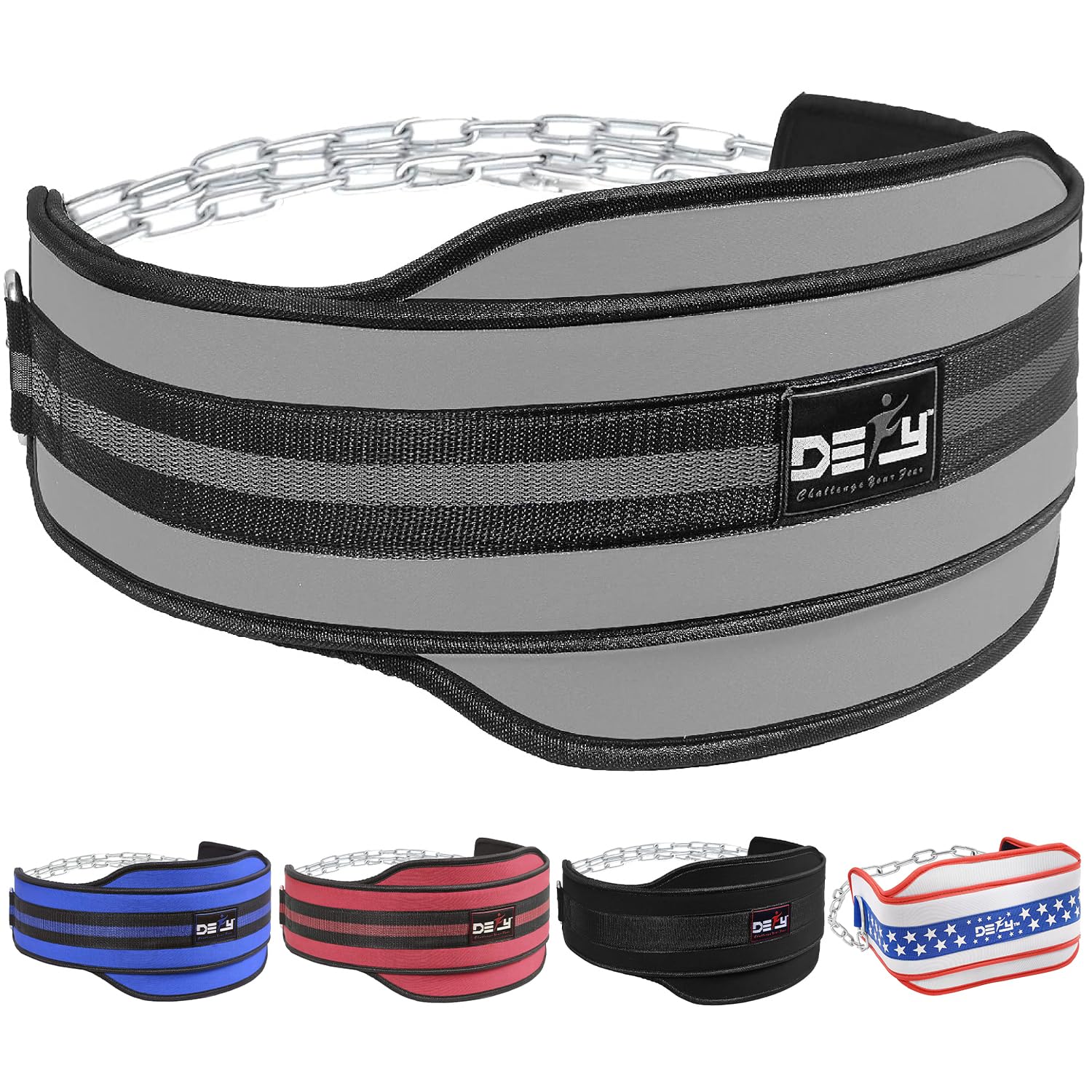 DEFY Challenge Your Fear Premium Double Padded Neoprene Dip Belt with 32" Heavy Duty Steel Chain for Power Lifting, Bodybuilding, Strength & Training-Double Stitched Universal gray