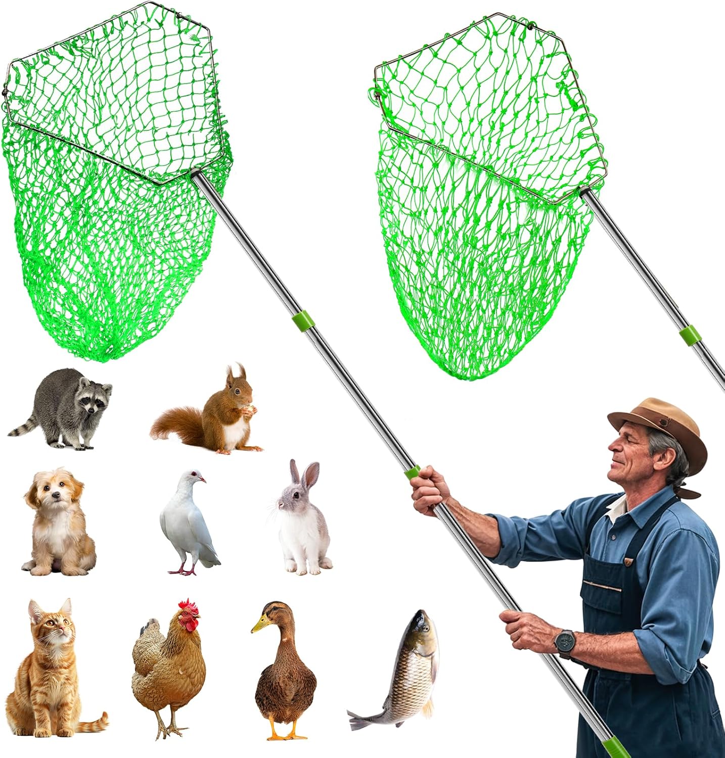 Chicken Catching Net – 2-in-1 Combo with Coarse and Fine Mesh Nets, Extendable from 29” to 68” – Stainless Steel Frame for Catching Ducks,Small Dogs, Cats, and Fish. Essential Coop Accessory