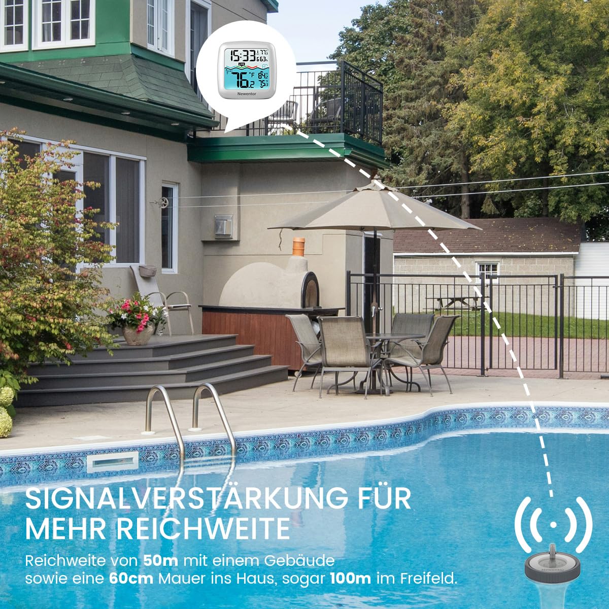 Newentor PoolThermometer Schwimmend - Funk Wasserthermometer -Aufgerüstete IPX8 Wasserdicht - Verbesserter Antennen - Turbo für 100m Reichweite durch Wände - Weiß mit Basisstation