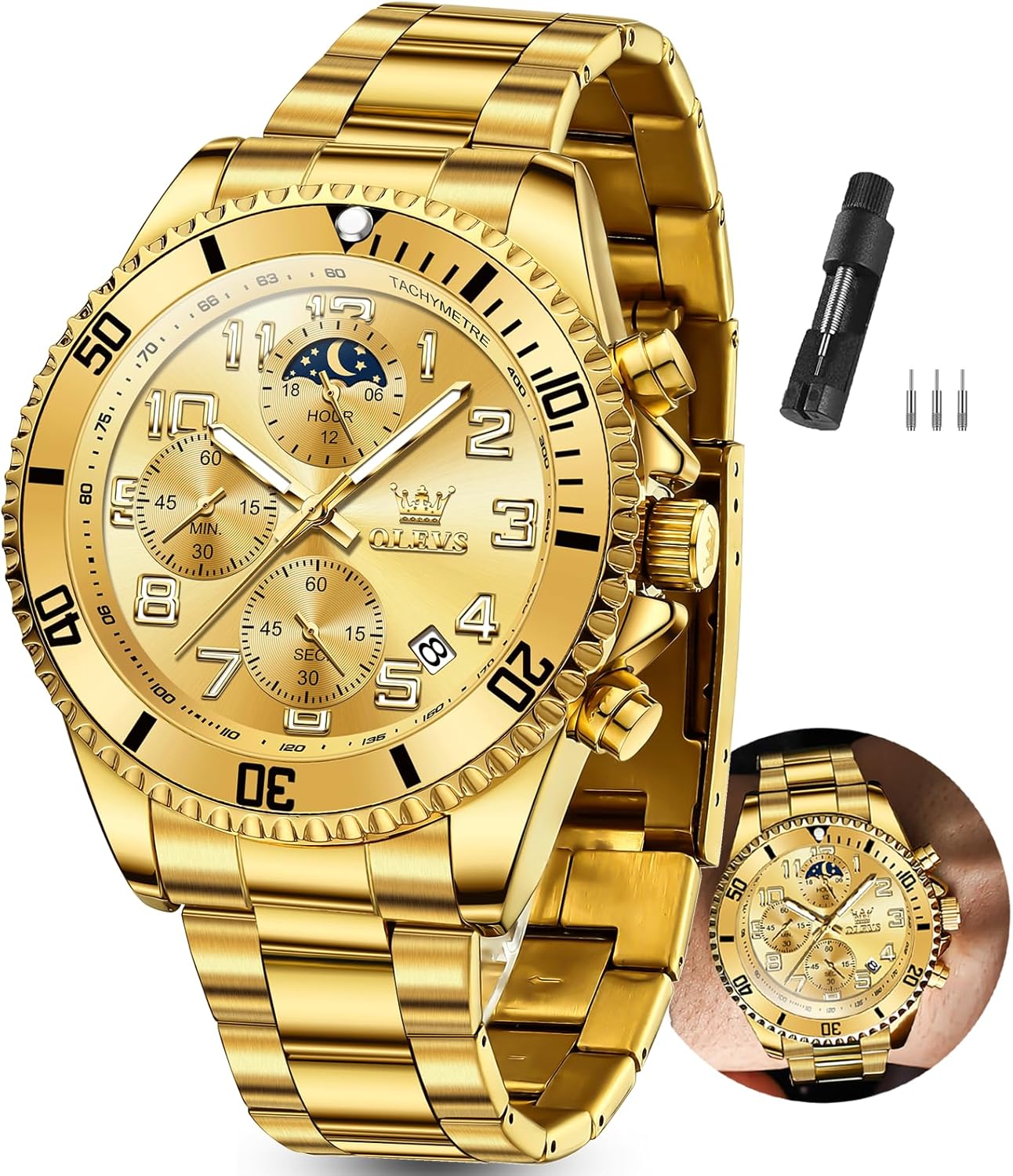 OLEVS Watches Men Waterproof Luxury Big Face Mens Watch Stainless Steel Day Date Quartz Analog Dress Watches for Men Luminous Relojes De Hombre (Green/Blue/Black/Gold)