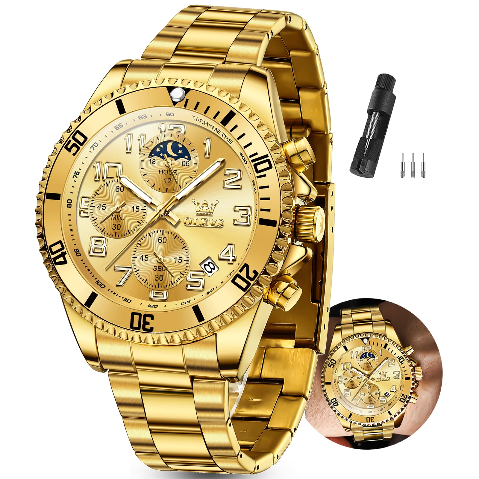 OLEVS Watches Men Waterproof Luxury Big Face Mens Watch Stainless Steel Day Date Quartz Analog Dress Watches for Men Luminous Reloj para Hombres (Green/Blue/Black/Gold)