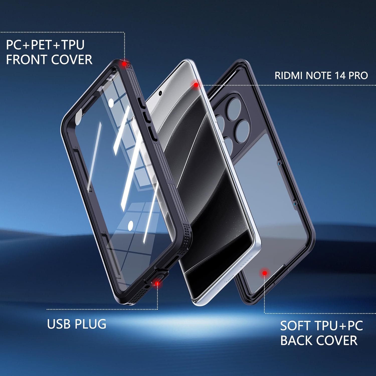 LOVE MEI Compatible with Xiaomi Redmi Note 14 Pro Waterproof Case, Outdoor Sports IP68 Waterproof Dustproof Snowproof Underwater Full Body Case with Screen Protector Shockproof Case (Black)