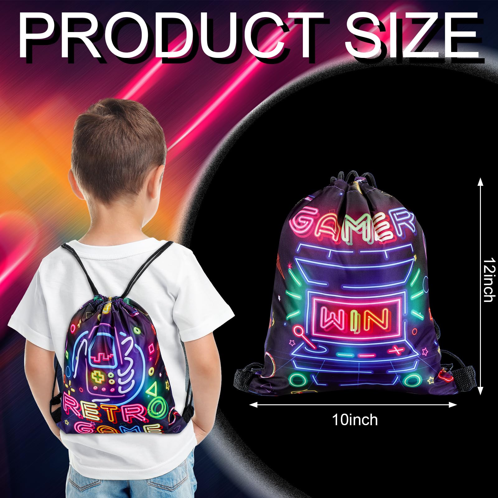 Huhumy 16 bolsas de recuerdo de fiesta de videojuegos, bolsas de cordón de neón de 12 x 10 pulgadas para niños y niñas, juego temático, suministros de fiesta, regalos, bolsas de dulces para fiestas de