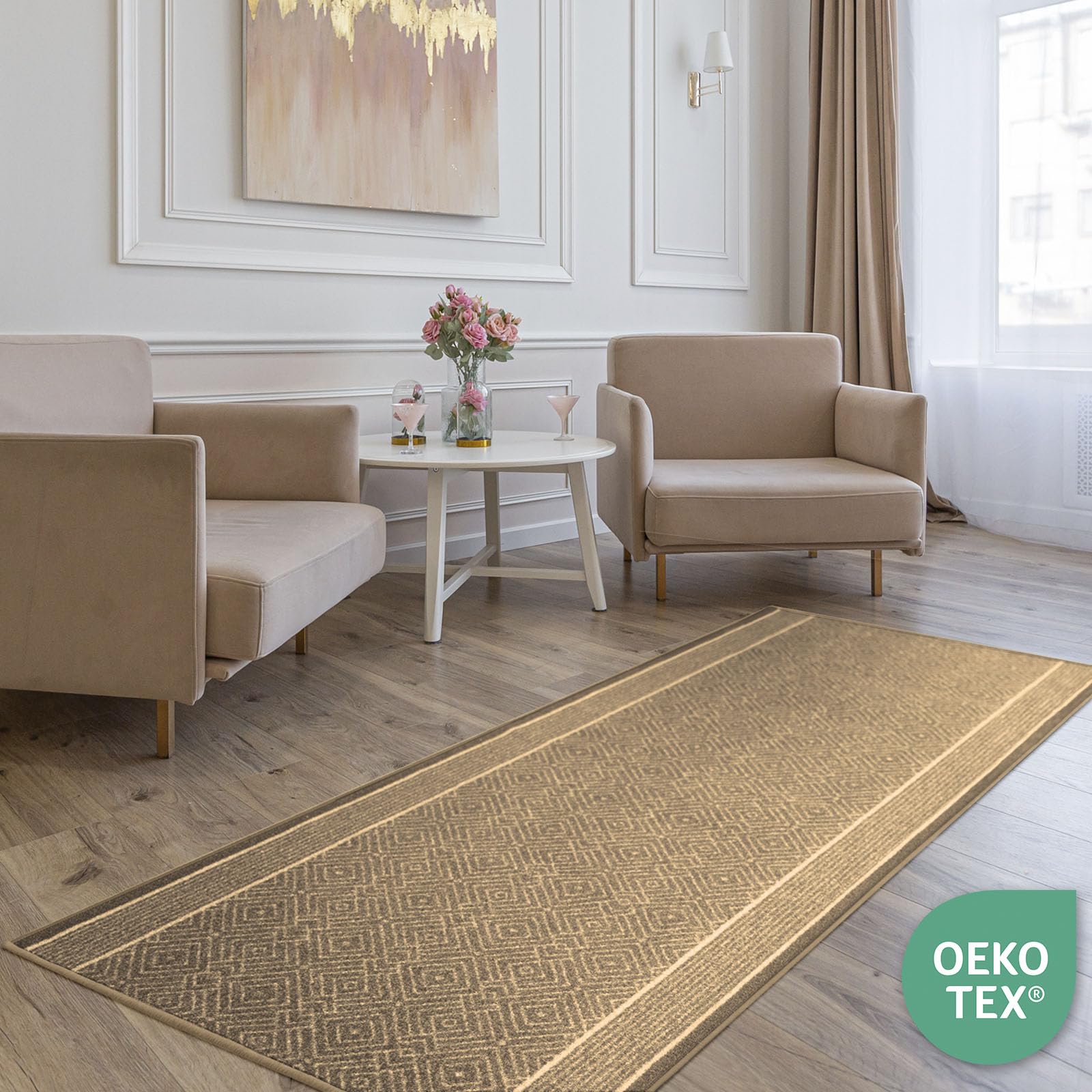 KARAT Premium Teppichläufer mit Muster - 80 x 500 cm, Beige - Modernes Rauten-Design - Teppich - Läufer für Küche, Flur & Wohnraum - Flurläufer Küchenläufer Flurteppich (Olymp)