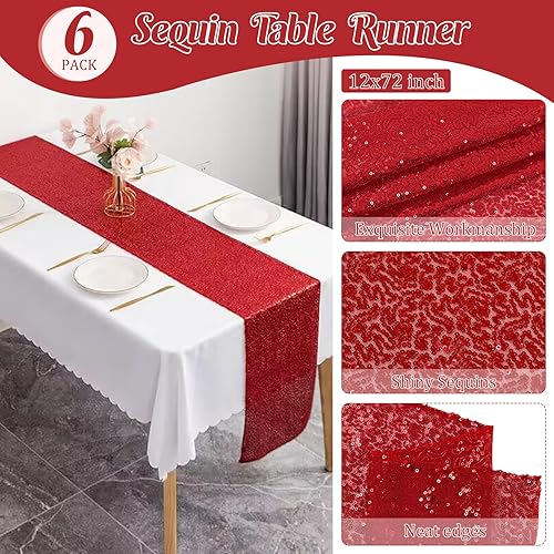 Miniatura 4 de Paquete de 6 manteles de lentejuelas rojas de 12 x 72 pulgadas, camino de mesa brillante de lentejuelas para baby shower, boda, fiesta de cumpleaños