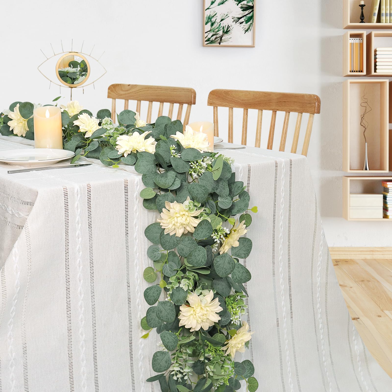 Dremisland Künstliche Eukalyptus-Blumengirlande mit Champagner-Dahlie-Blume, 7,6 m, künstliche Champagnerblume, grüne Girlande, hängende Blumenranken für Hochzeit, Zuhause, Party, Wand-Tischläufer