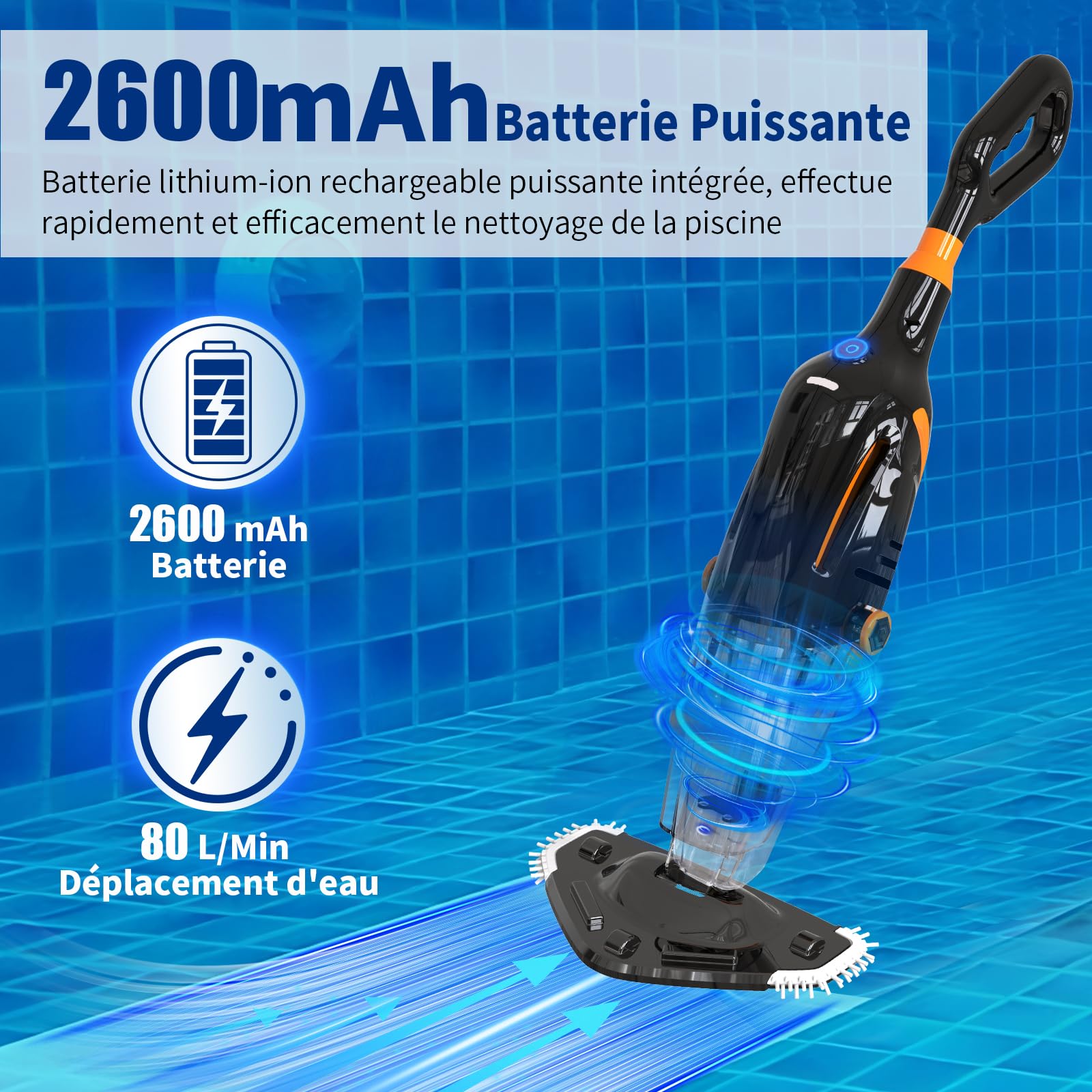 2026 Aspirateur de Piscine à Batterie Rechargeable, Aspirateur à Main sans Fil, 60 Minutes d'Autonomie Nettoyeur Électrique pour Piscine, Jacuzzi, Spa, Noir