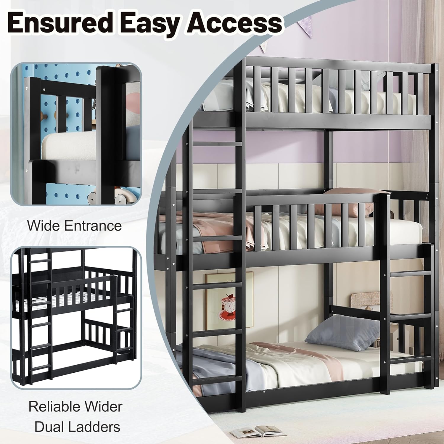 Triple Bunk Bed for Kids,Wood 3-in-1 Twin Bunk Beds, Convertible to 3 Separate Beds, Solid Rubber Wood Construction, Safety Guardrails & Dual Ladders,Space-Efficient Vertical Design,Black