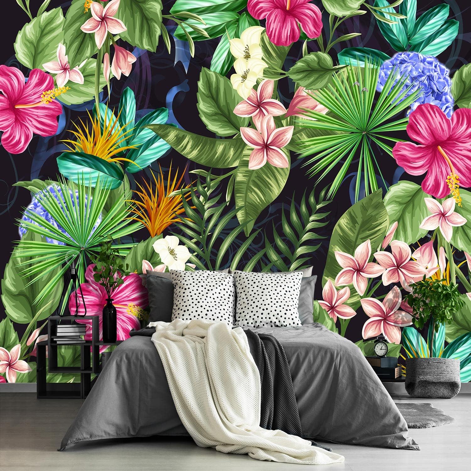 Fightal - Pink Floral Tropical Botanical Wallpaper Green Plant Leaf Large Wall Mural for Living Room Bedroom (Papel tapiz para pared de habitacion)