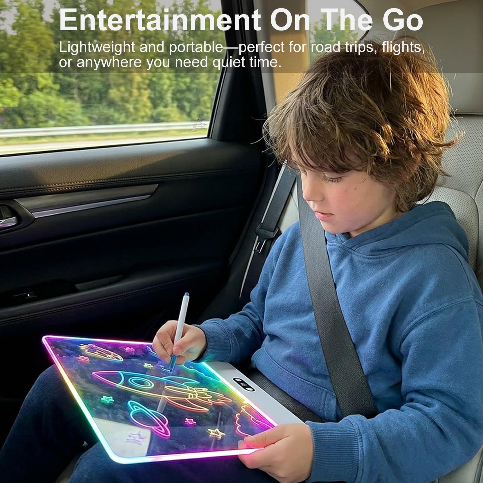 Tablero de Dibujo LED Recargable con Luces RGB para Niños,Panel de Acrílico,8 Colores Estáticos y 3 Modos Dinámicos,Batería de 1500 mAh,35x26cm Pizarra de Dibujo con Soporte Oculto para Arte,Blanco