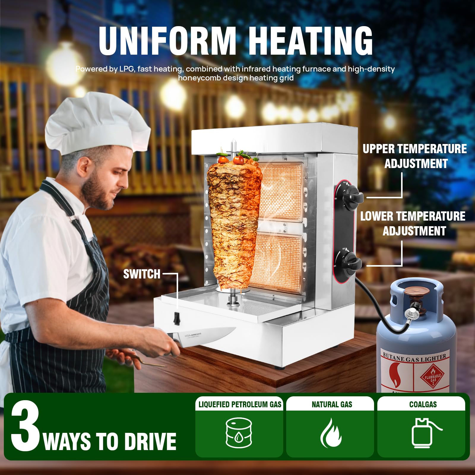 Máquina de Parrilla Shawarma Profesional 2 Quemadores, Asador para Kebabs y Tacos Al Pastor, Incluye 10 Pinchos de Acero Inoxidable
