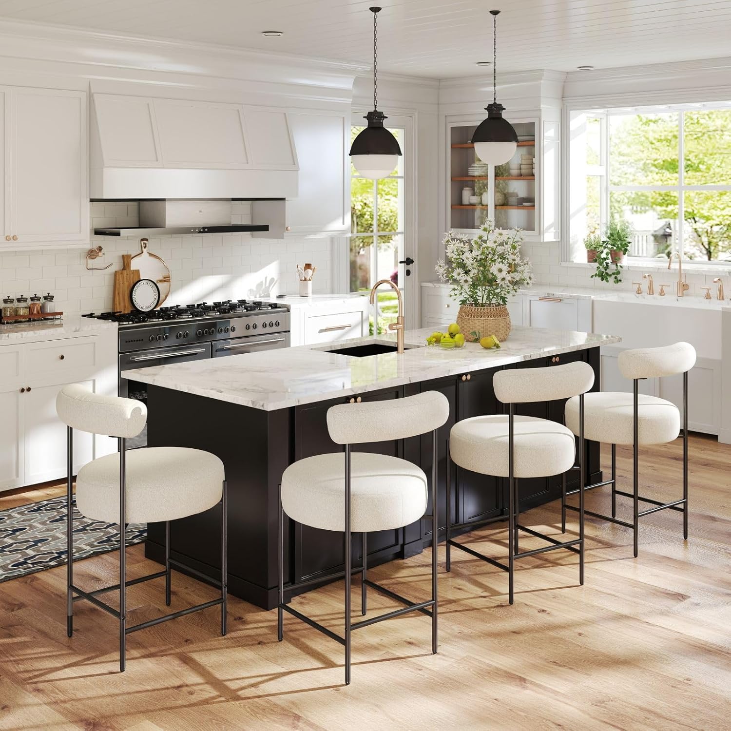 ROCITY Modern Upholstered Bar Stools Set of 2 White Boucle Counter Stools with Barrel Back 26 Inch Kitchen Island Chairs with Metal Legs