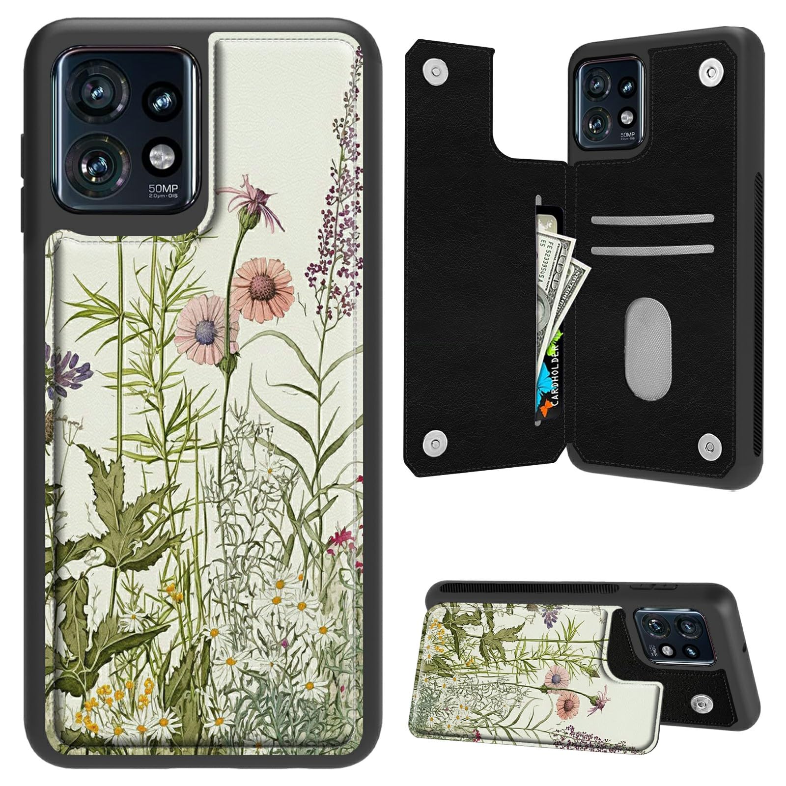 BFSEROBJ for Motorola Edge Plus 2023 Case Wallet Case with Card Holder PU Leather Kickstand Magnetic Buckles Shock Proof TPU Phone Case for Moto Edge Plus 2023 - Green Leaves Floral Flower Plant